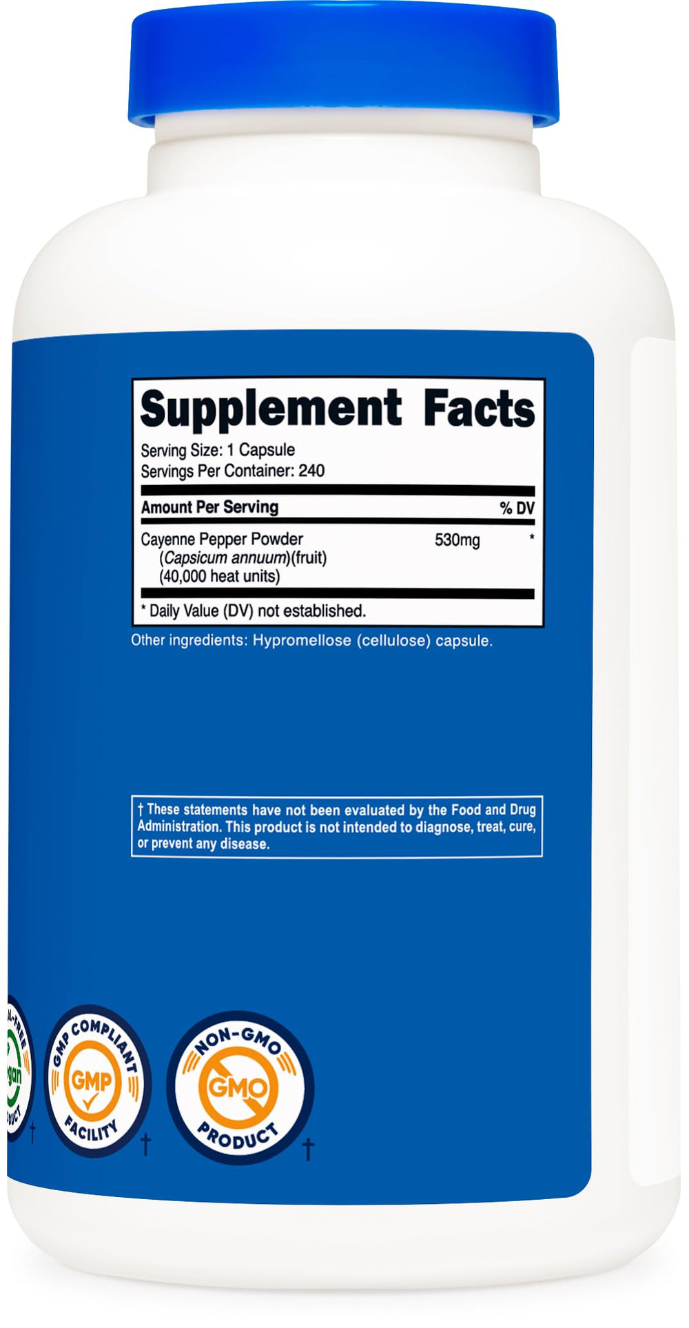 Nutricost Cayenne Pepper 530mg bottle ready for gluten-free, non-GMO wellness routines.
