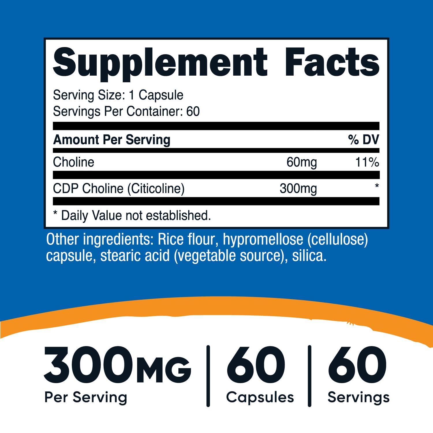 Nutricost CDP Choline 300mg capsules closeup illustrating easy-to-swallow form