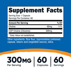 Nutricost CDP Choline 300mg capsules closeup illustrating easy-to-swallow form
