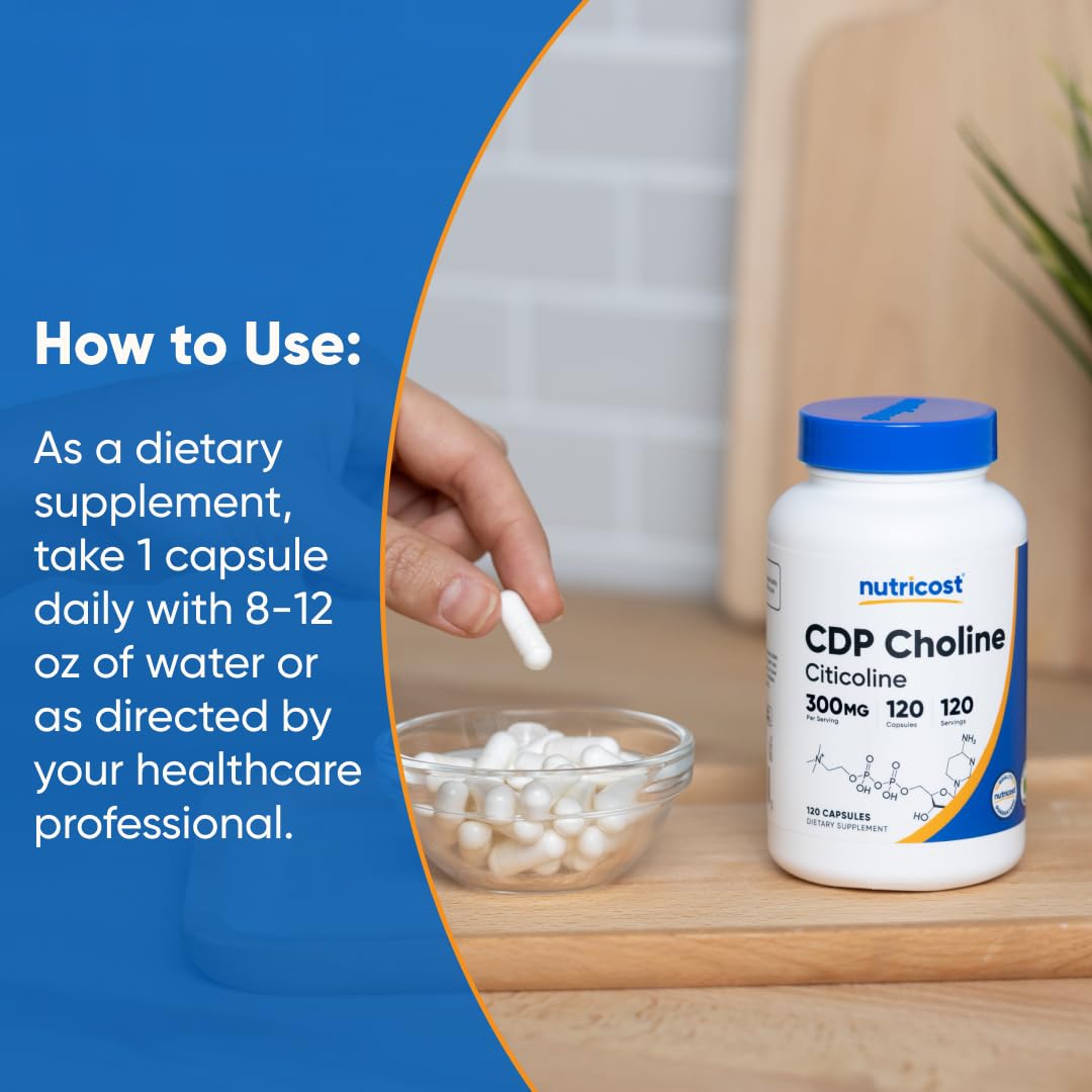 Nutrition facts panel on Nutricost CDP Choline 300mg packaging