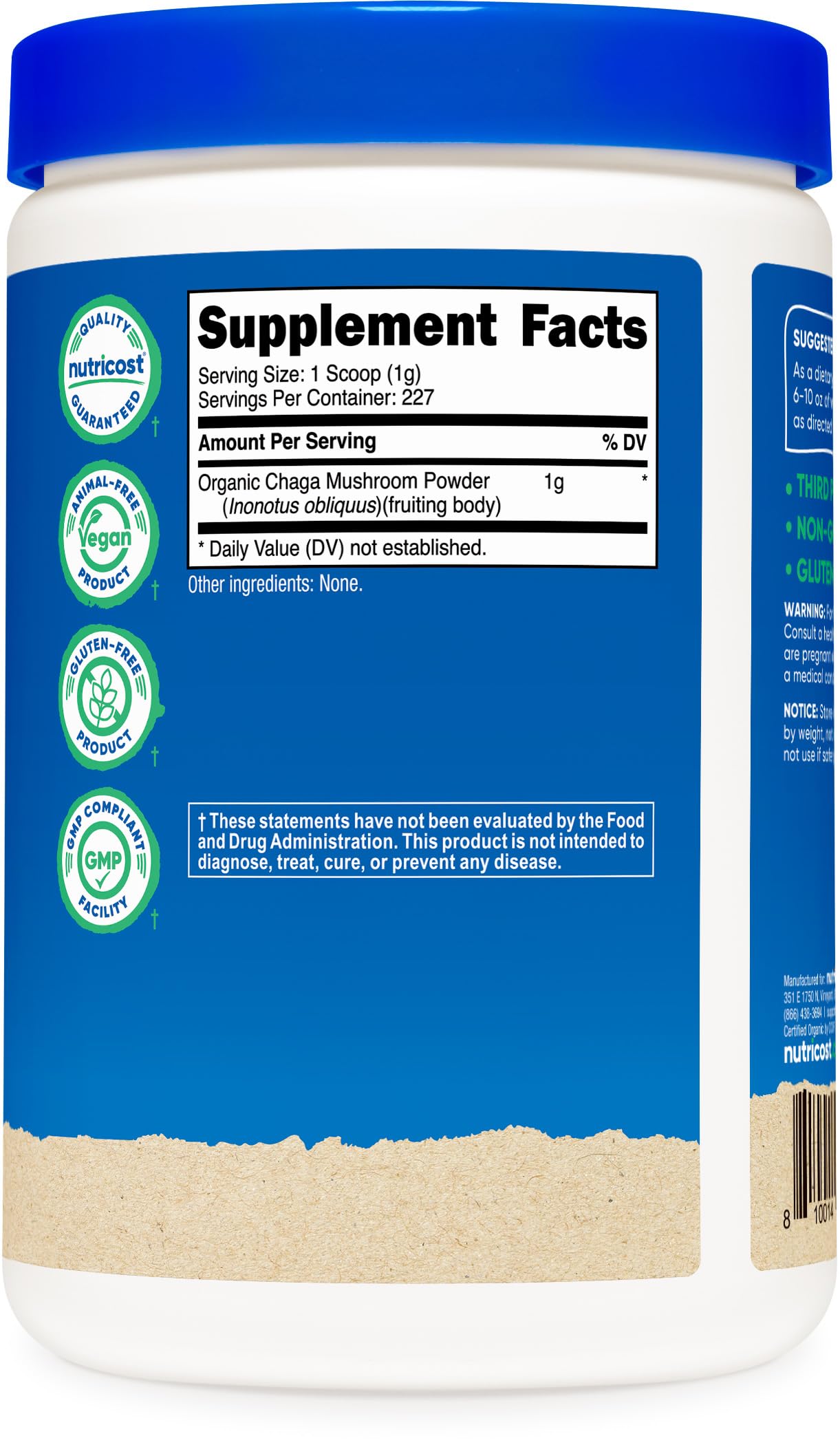 Nutricost Chaga powder packaging with GMP and FDA compliance badge.
