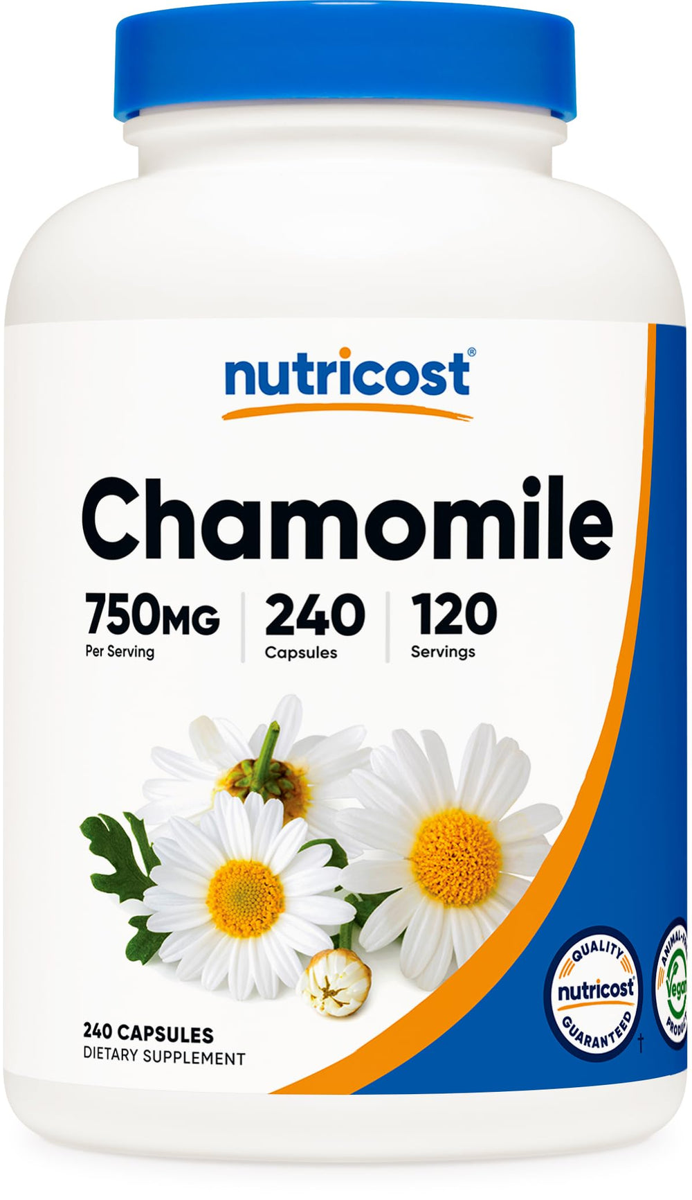 Nutricost Chamomile 750mg bottle front view for easy daily use