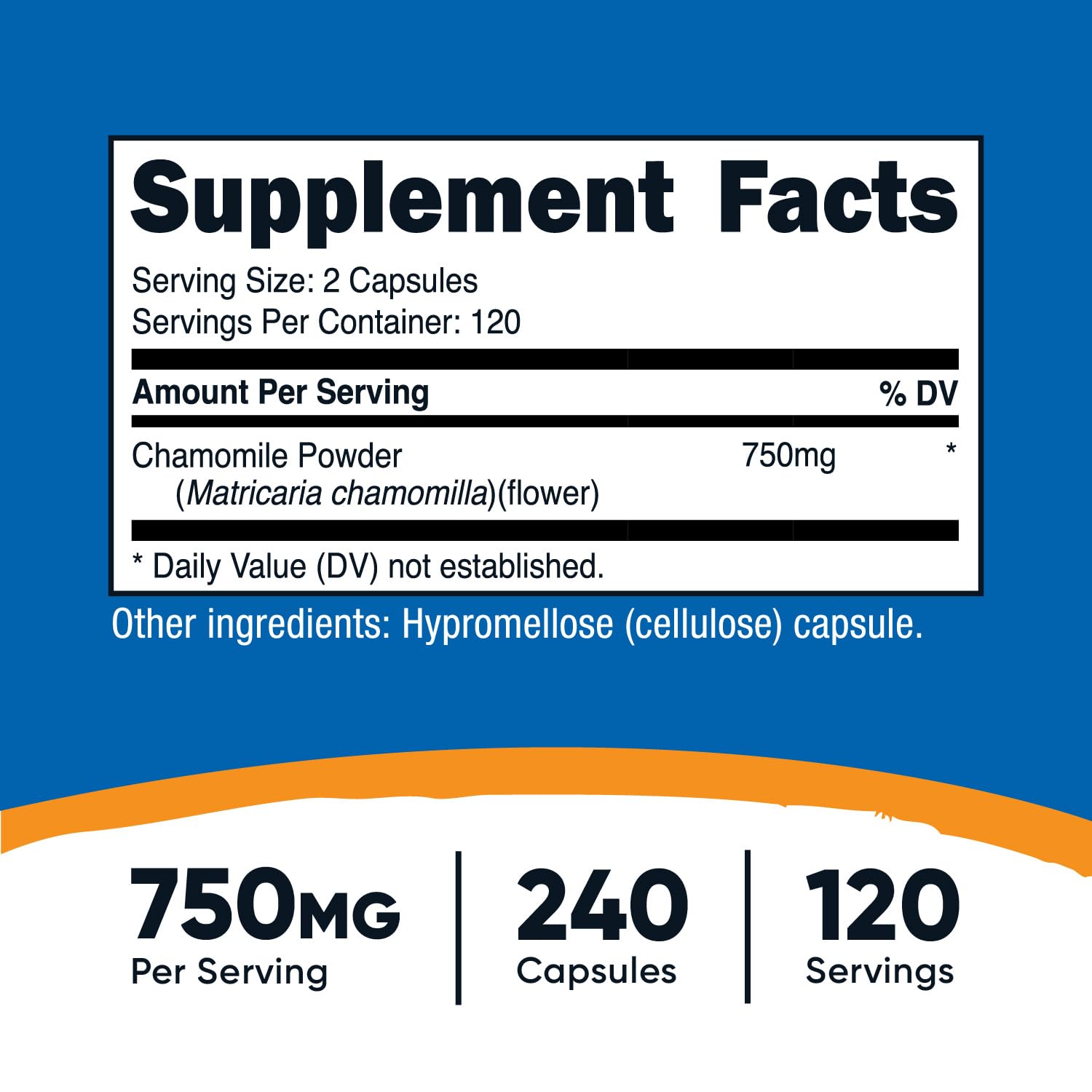 Nutricost Chamomile 750mg capsules closeup showing veggie capsules for daily support
