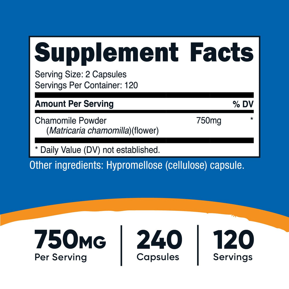 Nutricost Chamomile 750mg capsules closeup showing veggie capsules for daily support