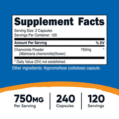 Nutricost Chamomile 750mg capsules closeup showing veggie capsules for daily support