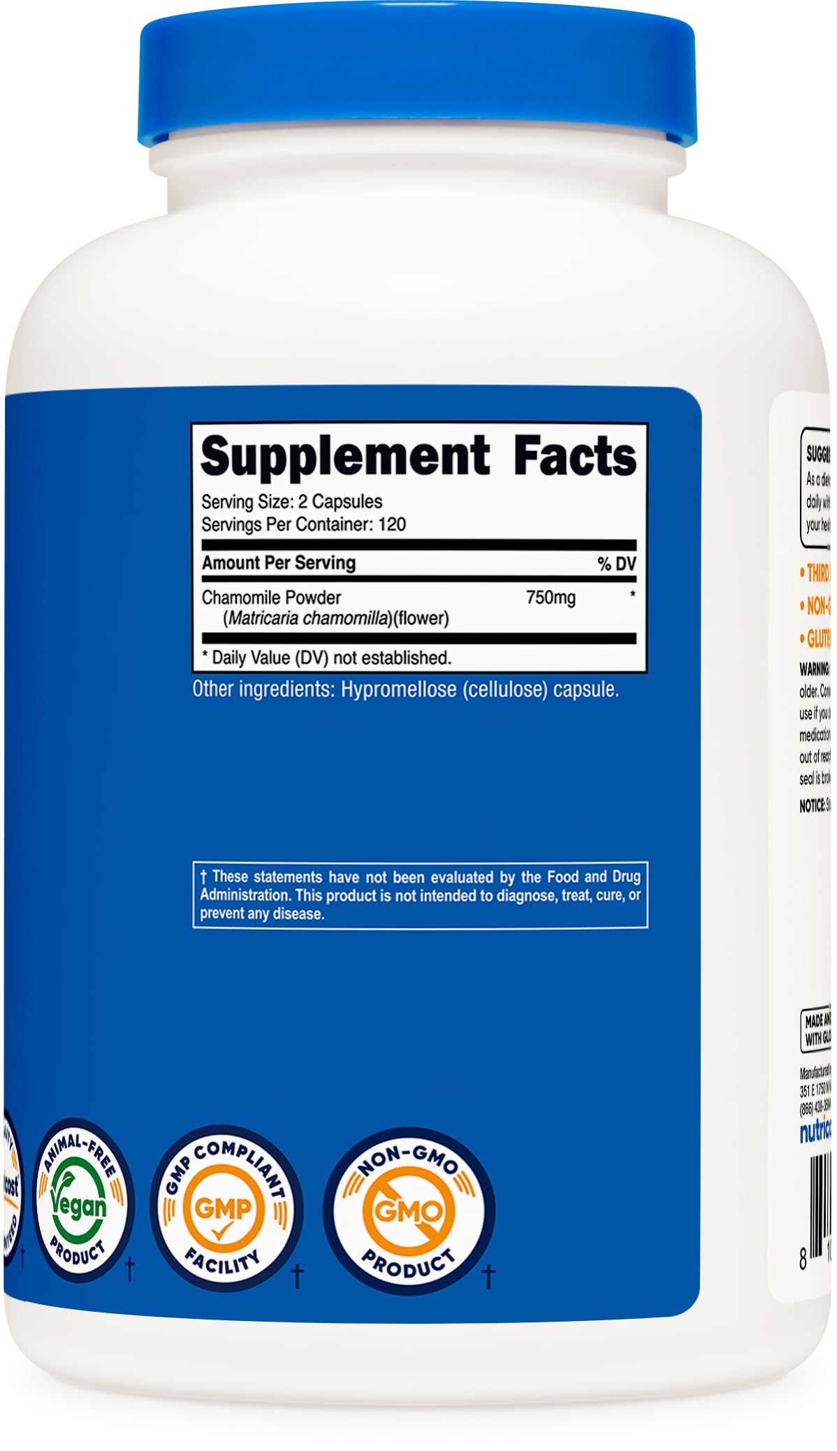 Nutricost Chamomile 750mg packaging highlights non-GMO and gluten-free attributes