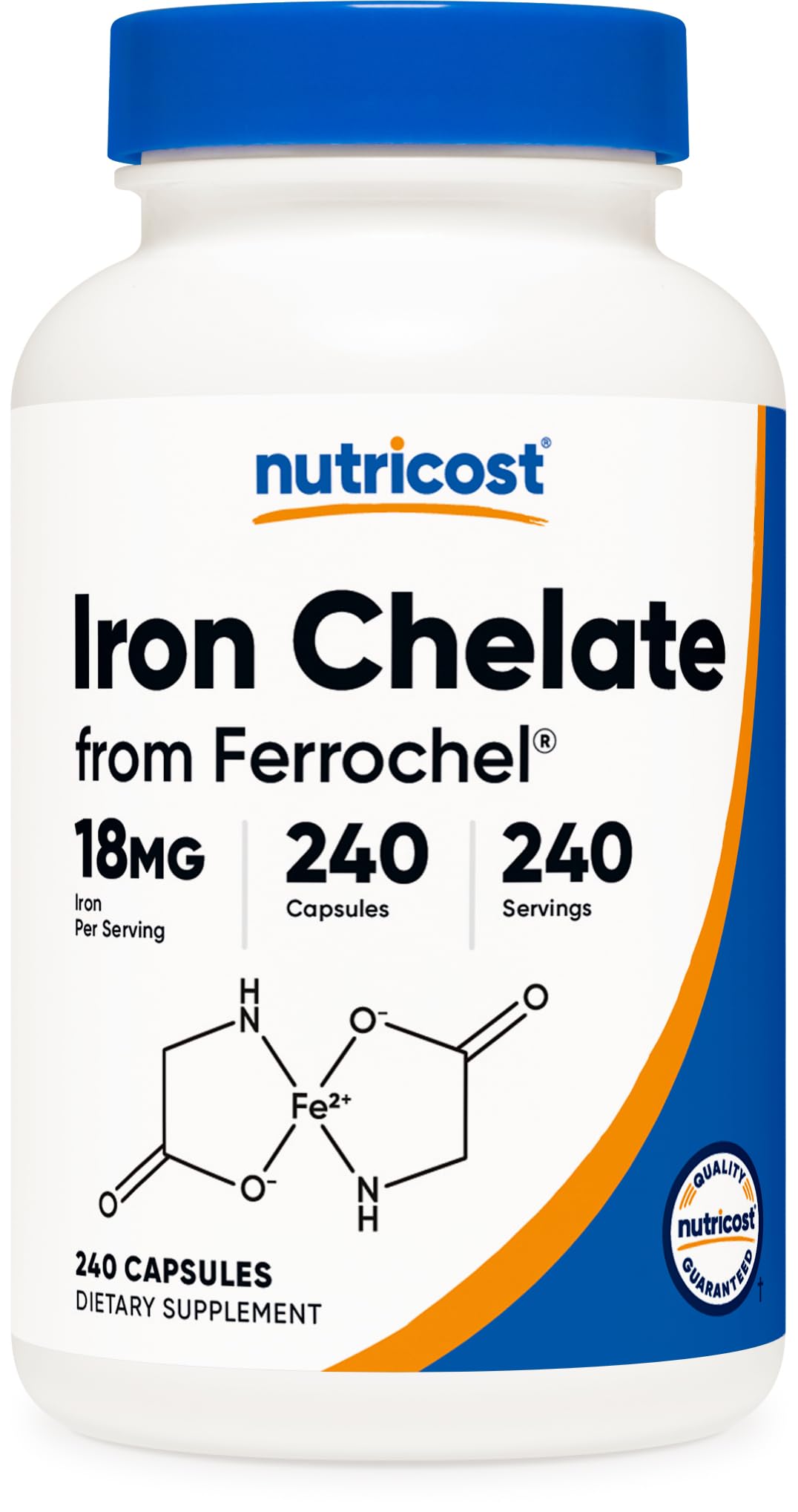 Nutricost chelated iron 18mg bottle showing 240 capsules for daily iron intake