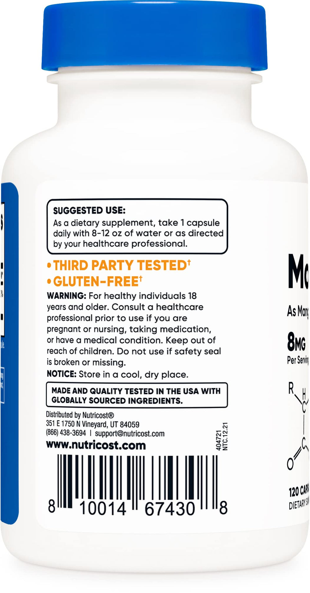 The Nutricost manganese bottle label highlights 8 mg per serving.