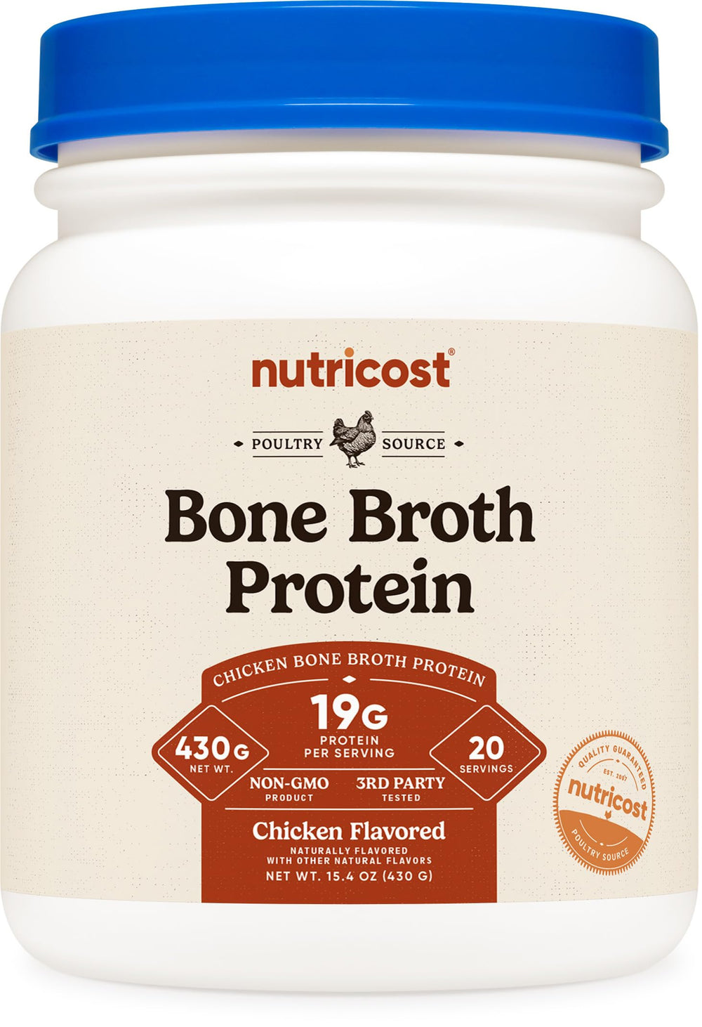 Nutricost Chicken Bone Broth Protein powder close-up for rich flavor addition.