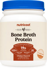 Nutricost Chicken Bone Broth Protein powder close-up for rich flavor addition.