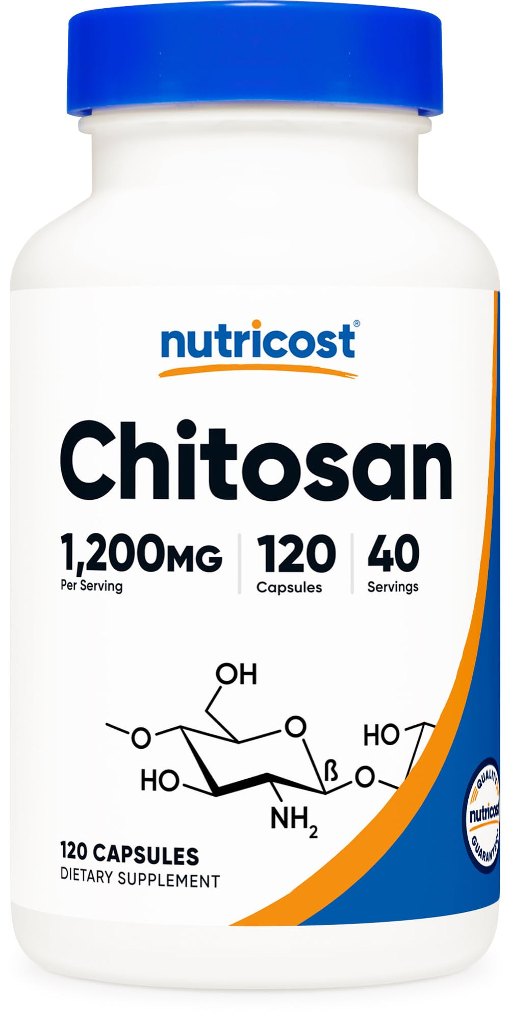 Nutricost Chitosan bottle front, 1,200 mg per serving highlighted.