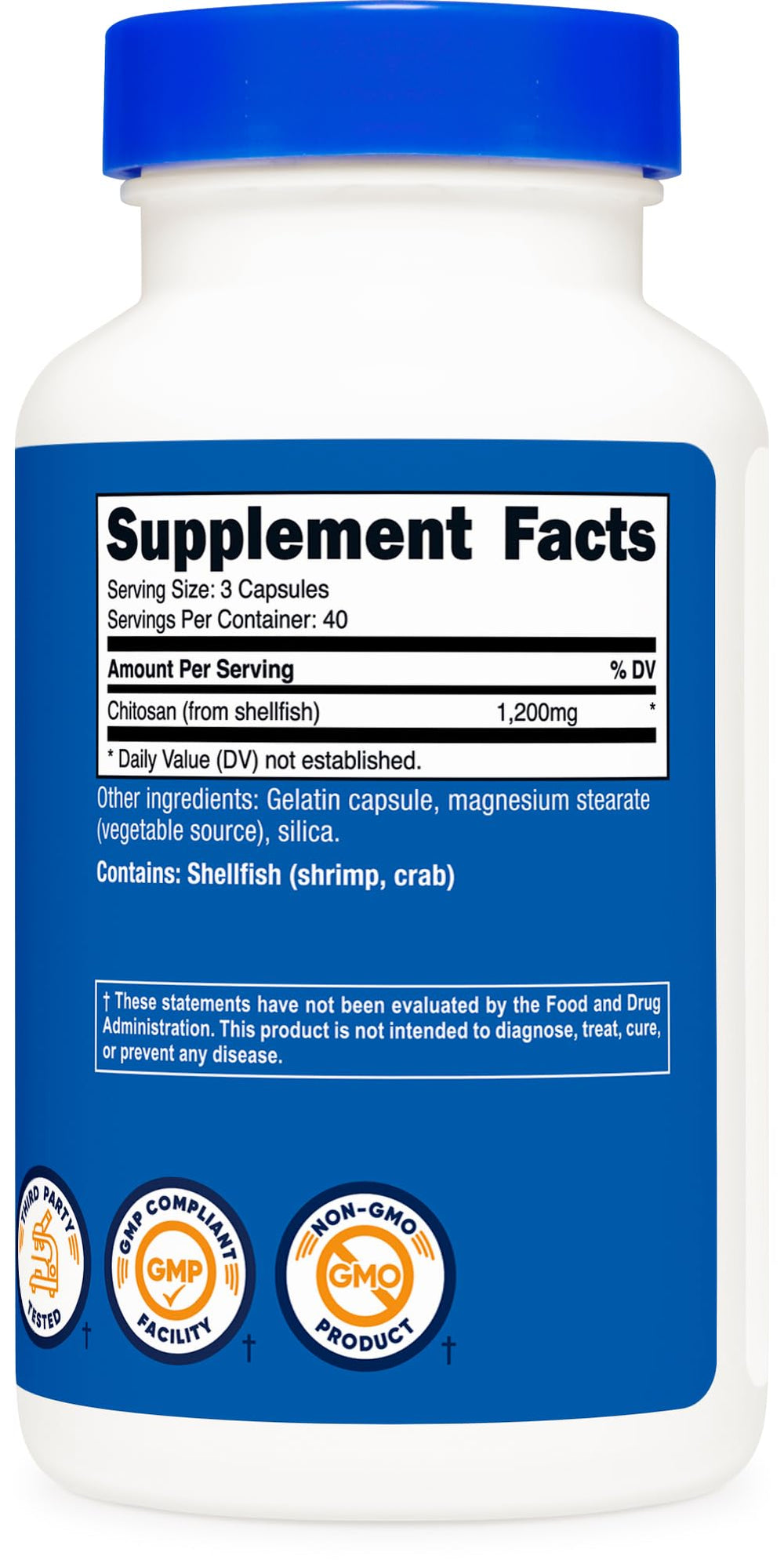 Packaging image highlighting gluten-free and GMO-free seals for Nutricost Chitosan.