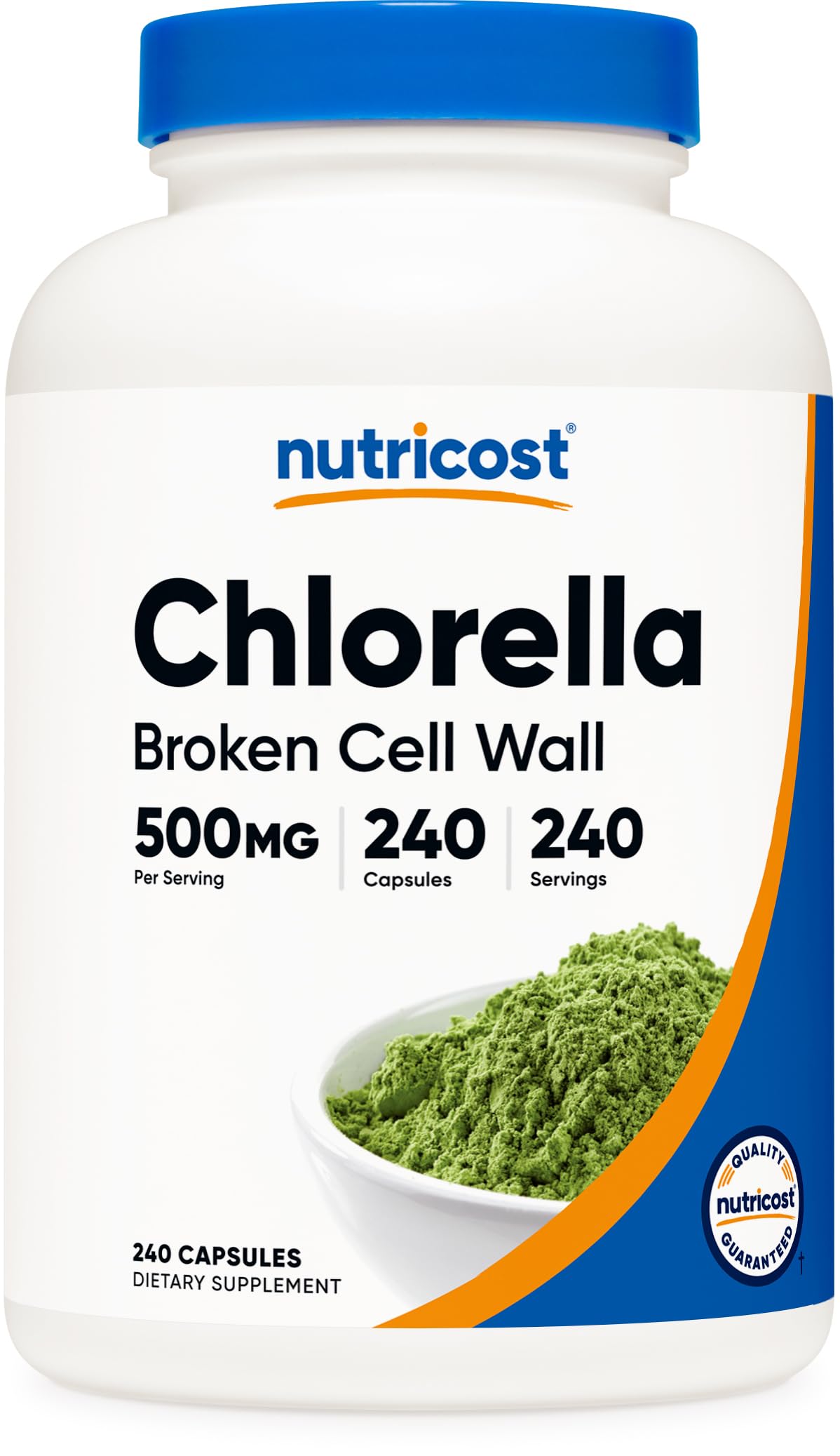 Nutricost Chlorella bottle front view showing 240 capsules.