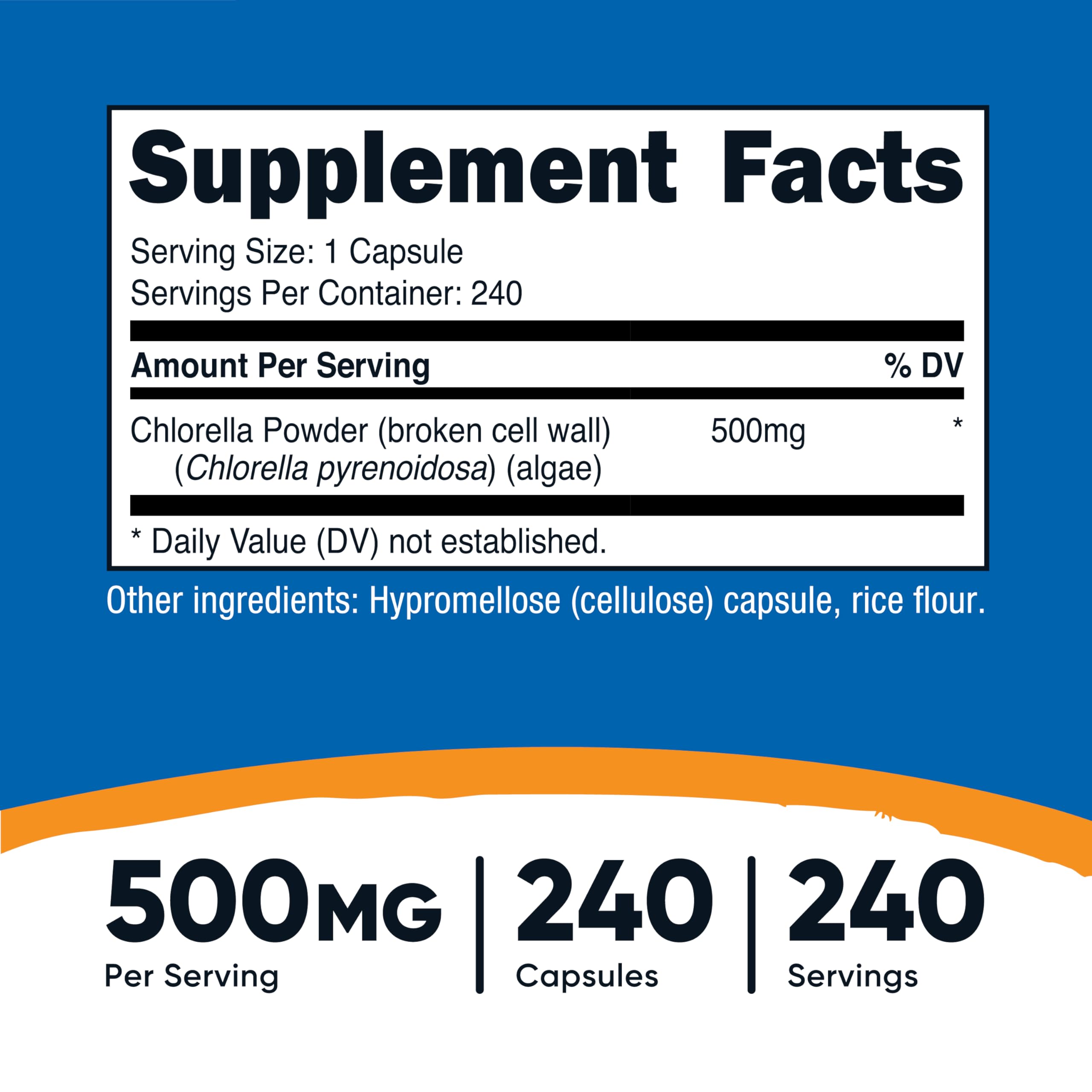 Close-up of Nutricost Chlorella capsules, compact and easy to swallow.