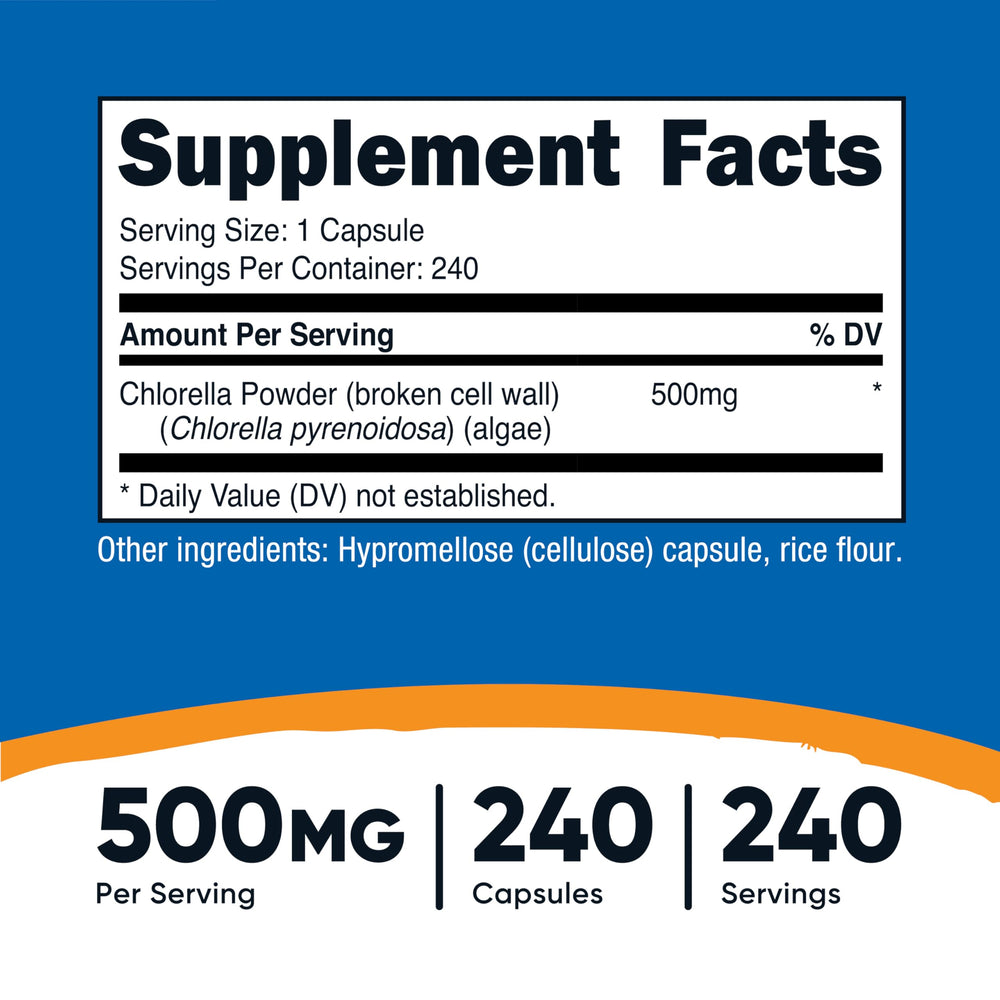 Close-up of Nutricost Chlorella capsules, compact and easy to swallow.