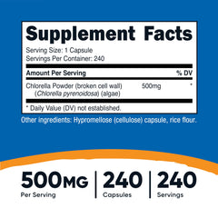 Close-up of Nutricost Chlorella capsules, compact and easy to swallow.