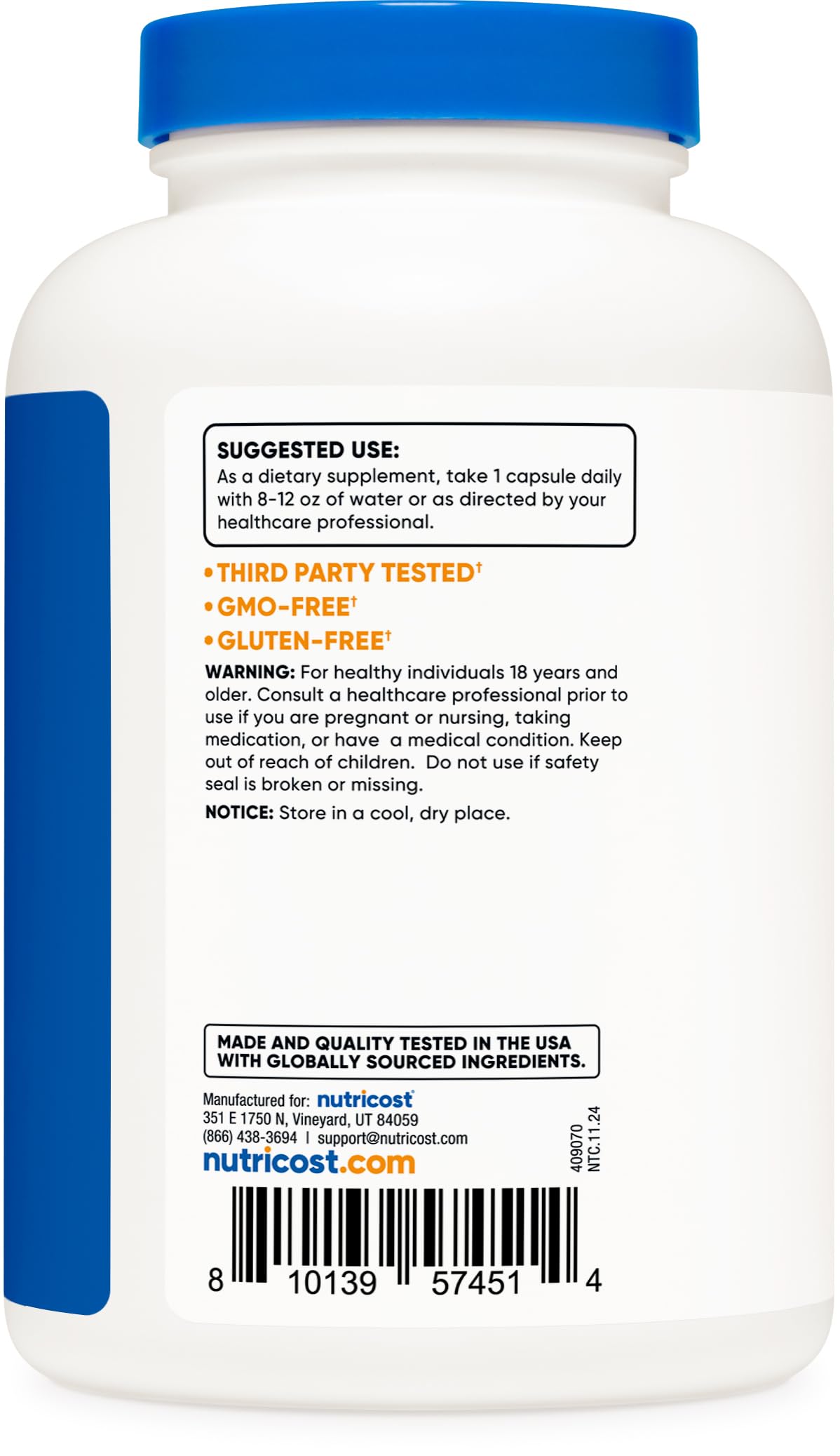 Nutricost Chlorella third-party testing badge on the packaging.