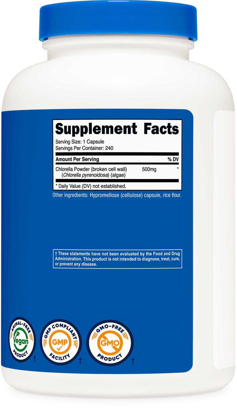 Icon on Nutricost Chlorella highlights vegan, non-GMO, gluten-free.