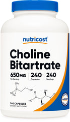 Nutricost Choline Bitartrate bottle showing 650mg per capsule for daily use