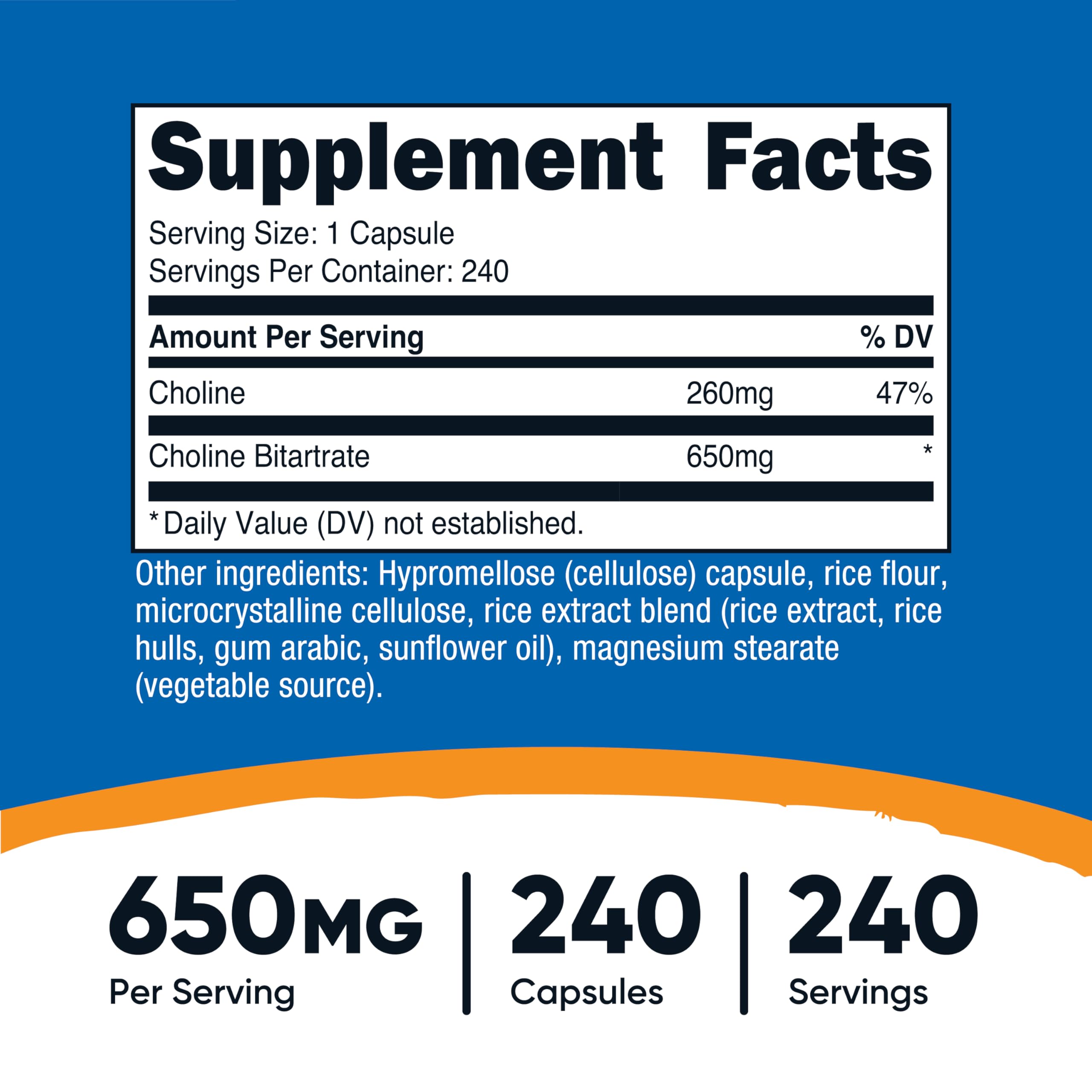 Nutricost Choline Bitartrate capsule close-up highlighting easy-to-swallow form