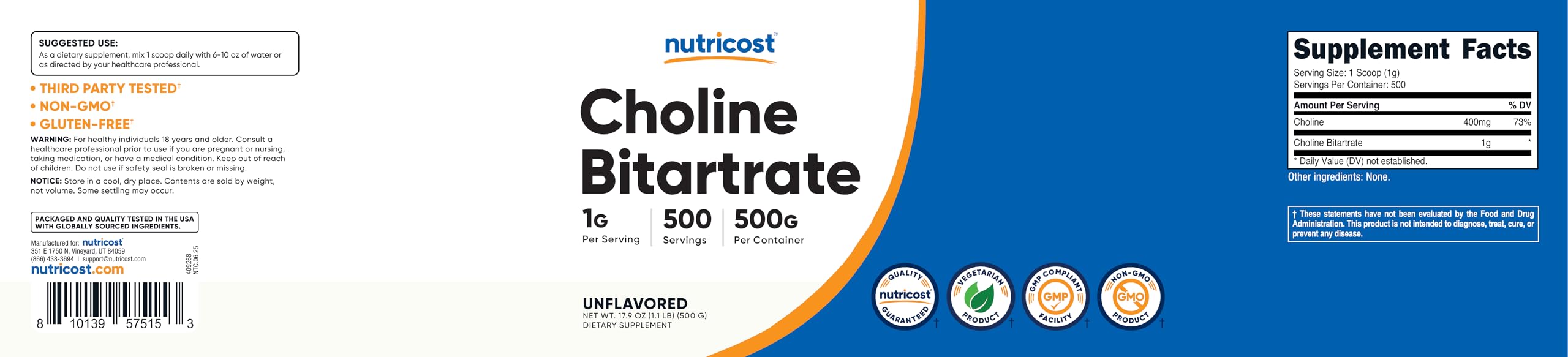 Facility branding on Nutricost choline bitartrate powder production.