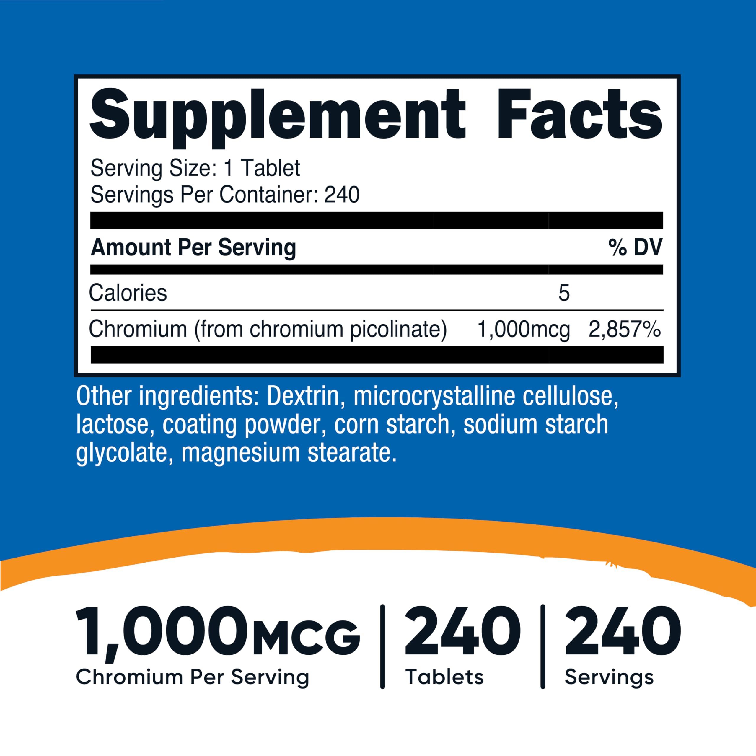 Nutricost Chromium 1000mcg tablets pour image highlights easy-to-swallow form for everyday routines.