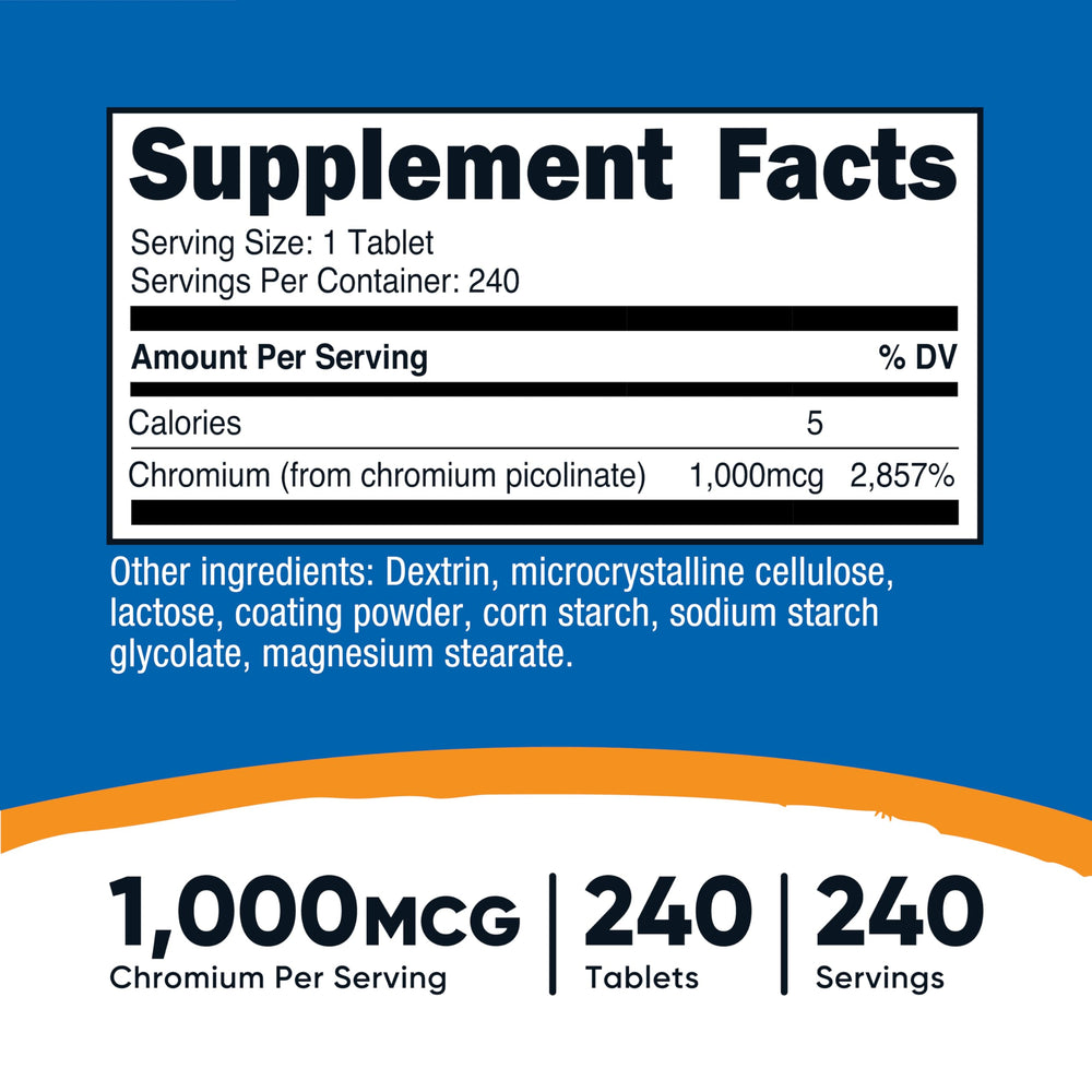 Nutricost Chromium 1000mcg tablets pour image highlights easy-to-swallow form for everyday routines.