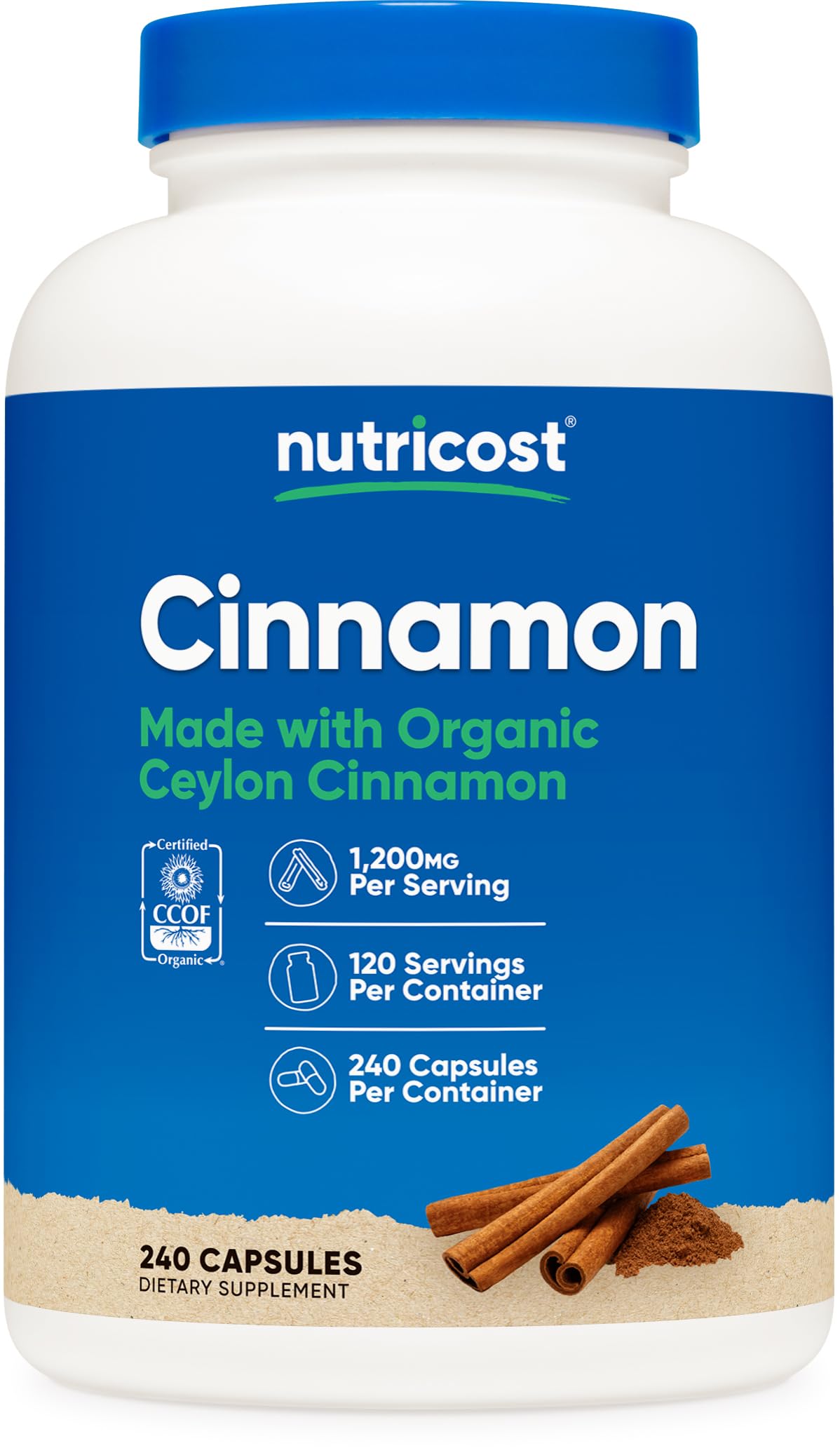 Nutricost Cinnamon Capsules bottle front for easy daily use.