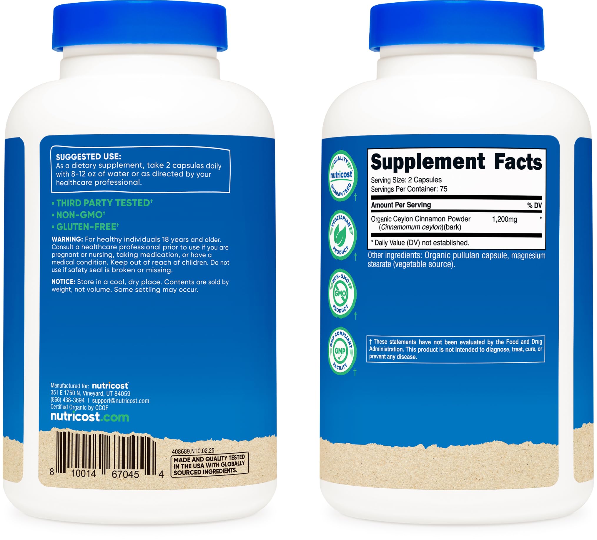 Nutricost Cinnamon capsules in hand highlighting convenient vegetarian supplement.