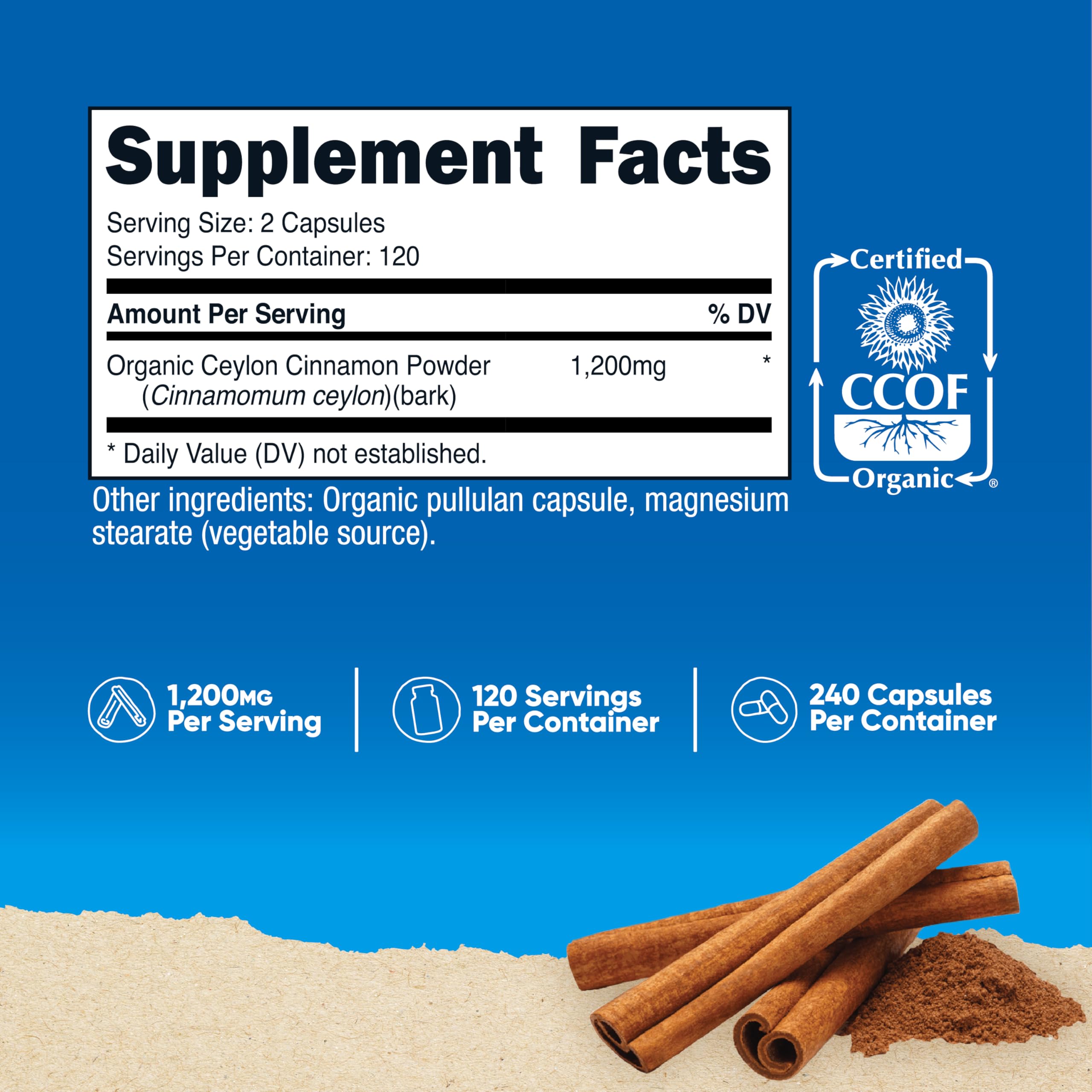 Nutricost Cinnamon Capsules label close-up showing 1,200 mg per serving.