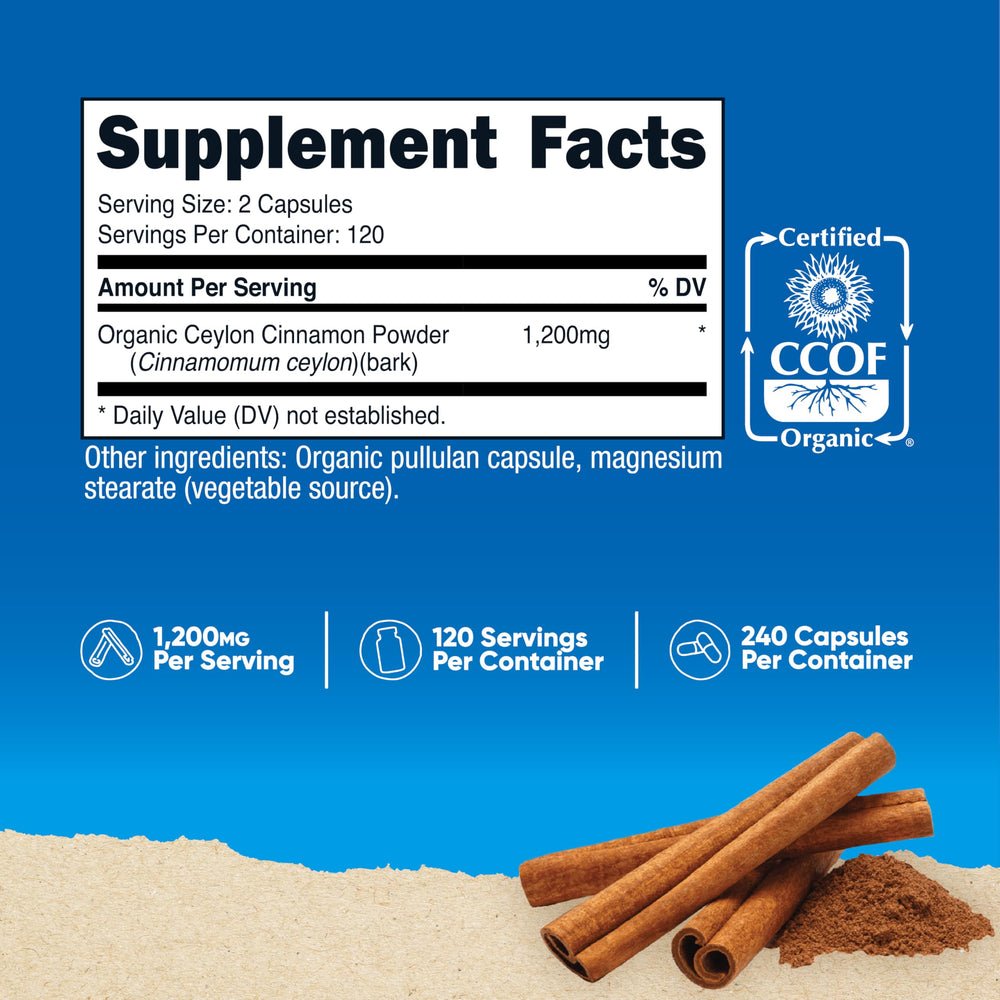 Nutricost Cinnamon Capsules label close-up showing 1,200 mg per serving.