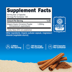 Nutricost Cinnamon Capsules label close-up showing 1,200 mg per serving.