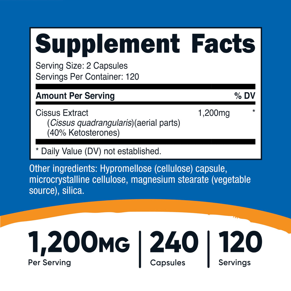 Nutricost Cissus Quadrangularis bottle back lists ingredients and serving details