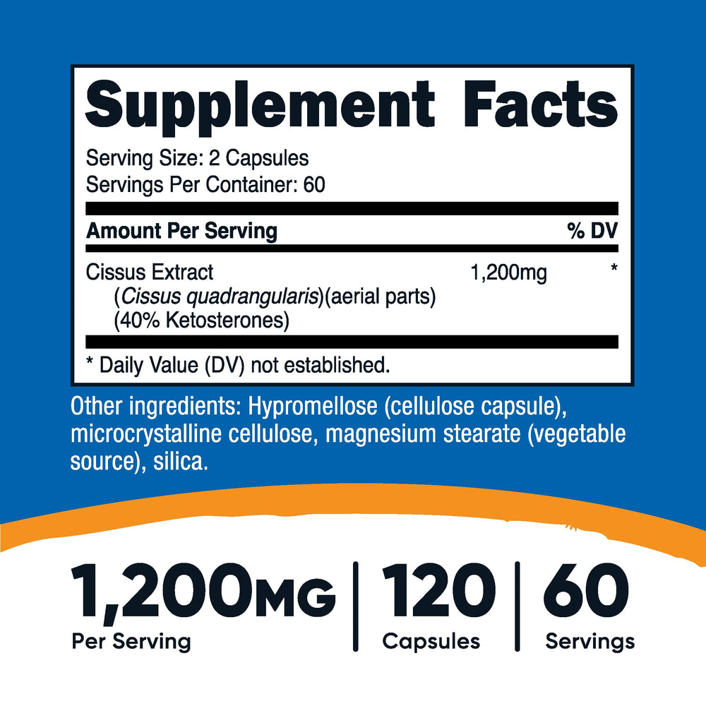 Nutricost Cissus Quadrangularis capsules close-up highlighting vegetarian-friendly formula.
