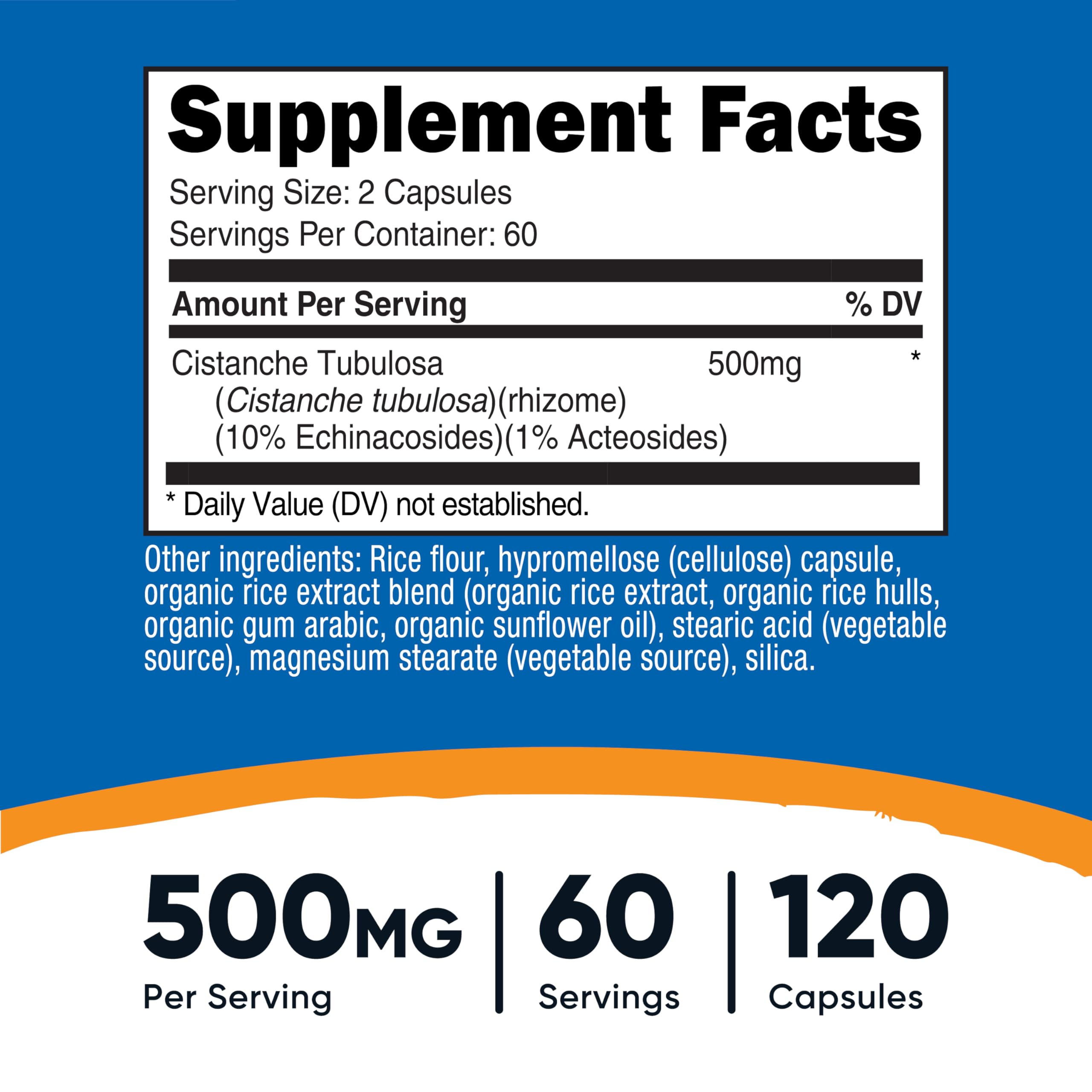 Nutricost Cistanche Tubulosa capsules close-up showing 500 mg per capsule.
