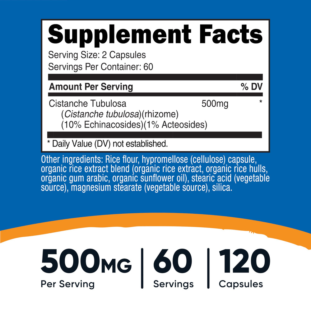 Nutricost Cistanche Tubulosa capsules close-up showing 500 mg per capsule.