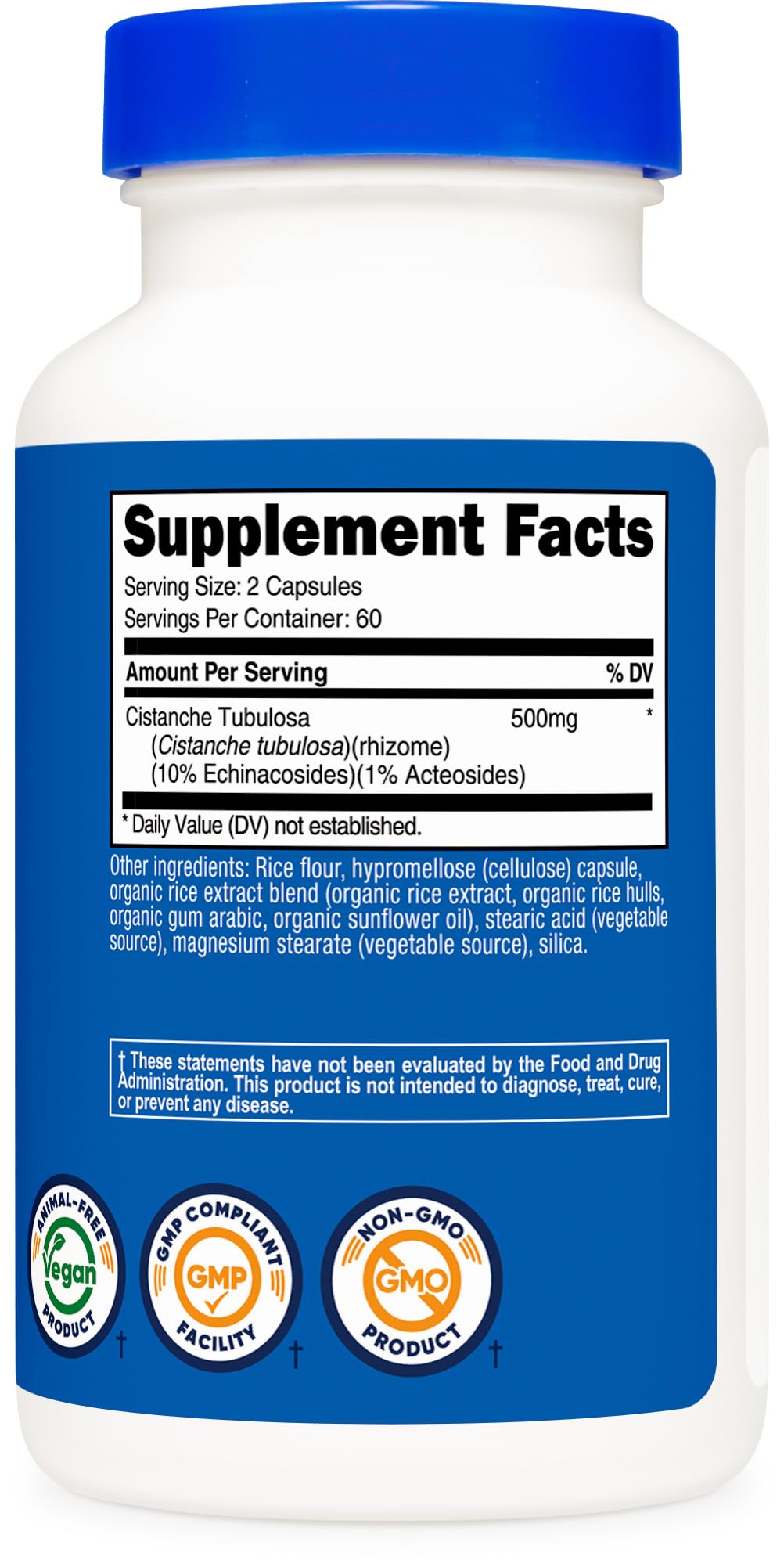 Nutricost Cistanche Tubulosa certification seals on label indicating quality.
