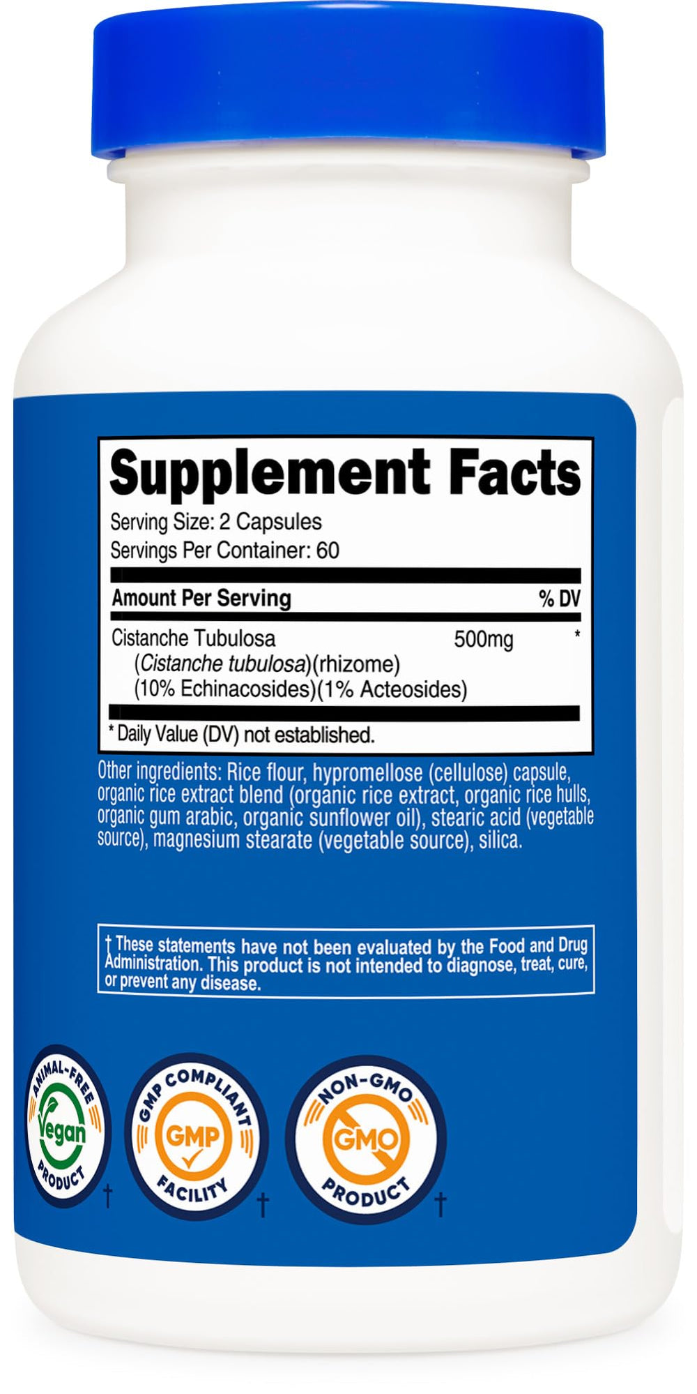 Nutricost Cistanche Tubulosa certification seals on label indicating quality.
