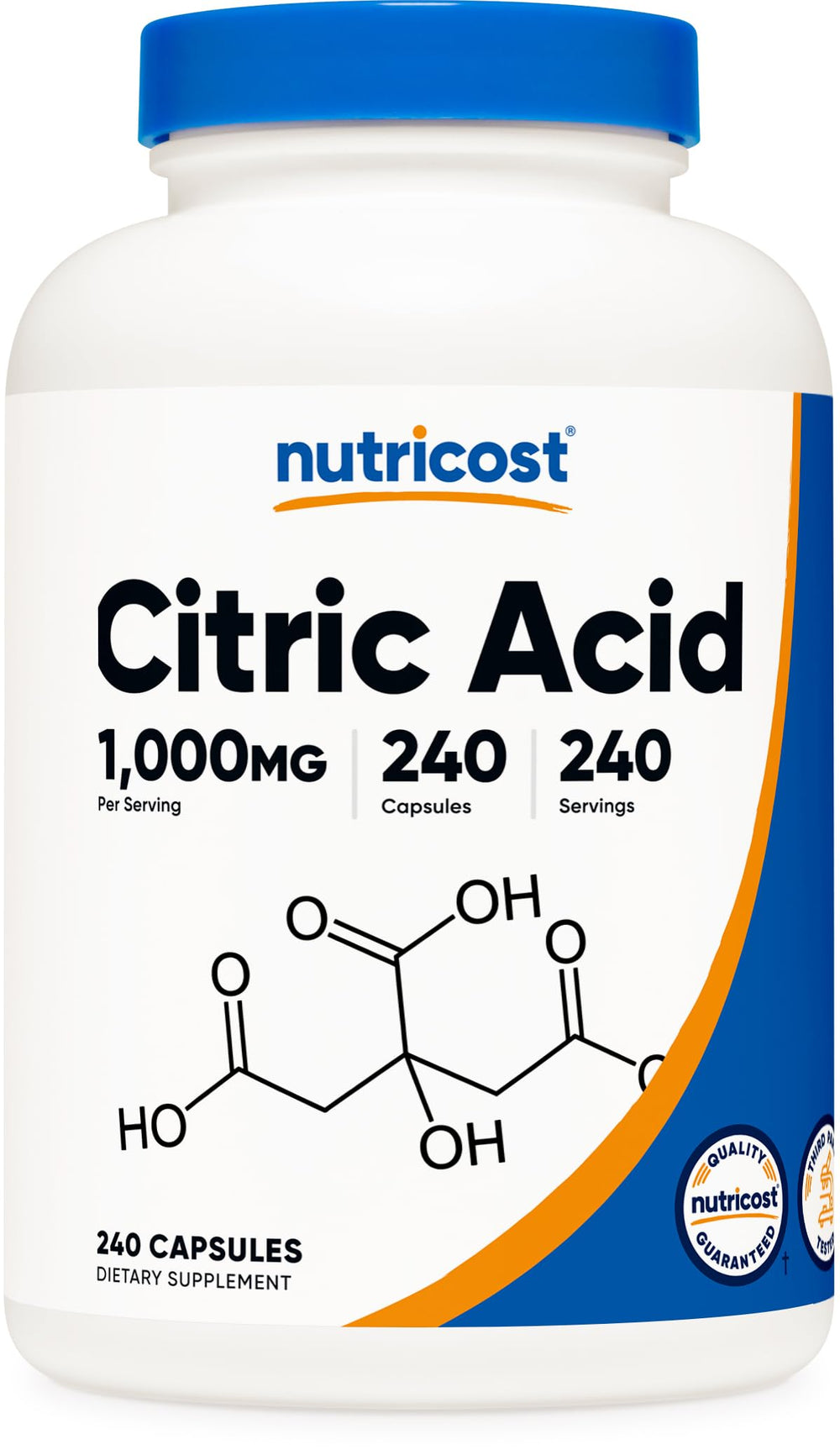 Nutricost citric acid capsules bottle close-up, convenient souring ingredient
