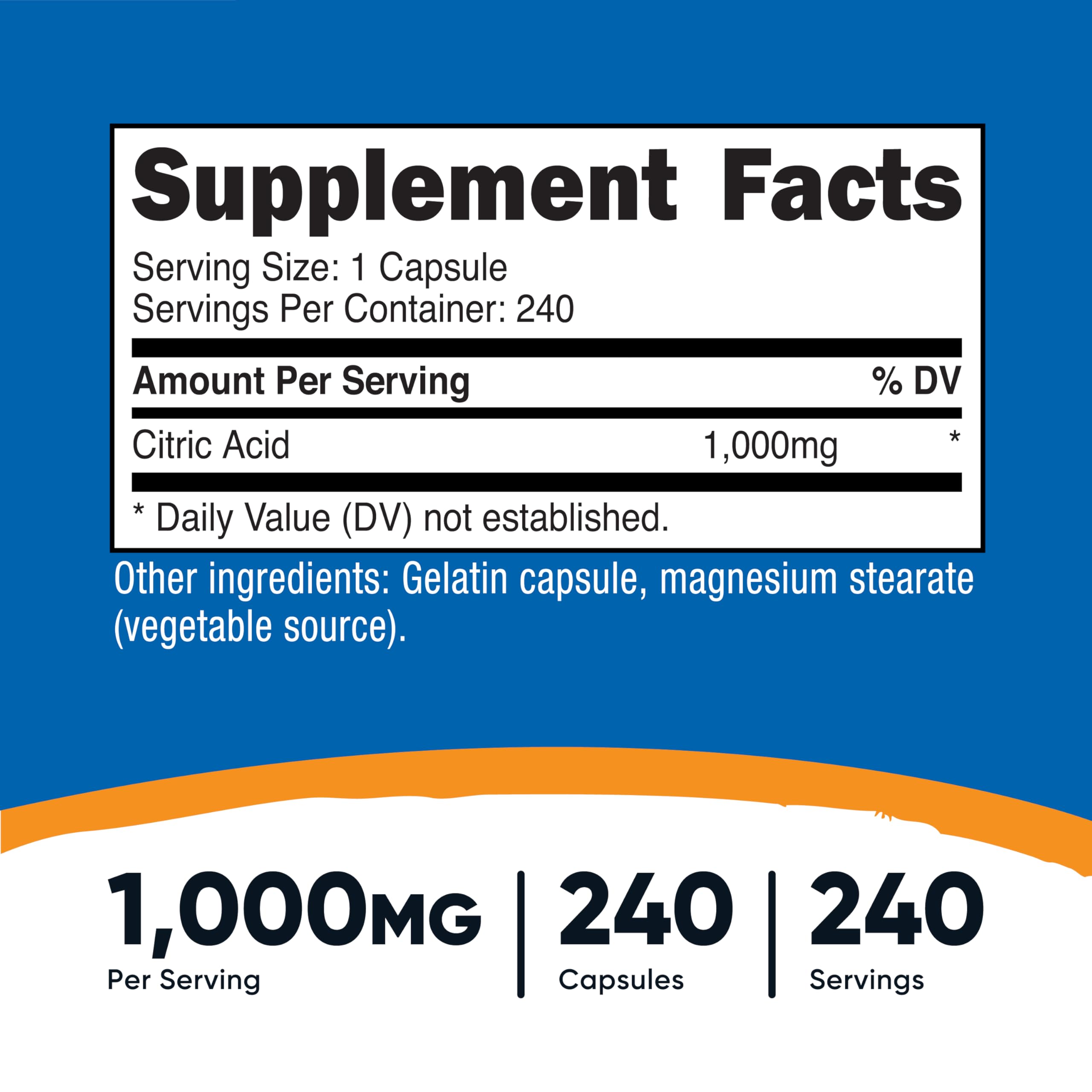 Nutricost citric acid capsules bottle on counter, ready for culinary use