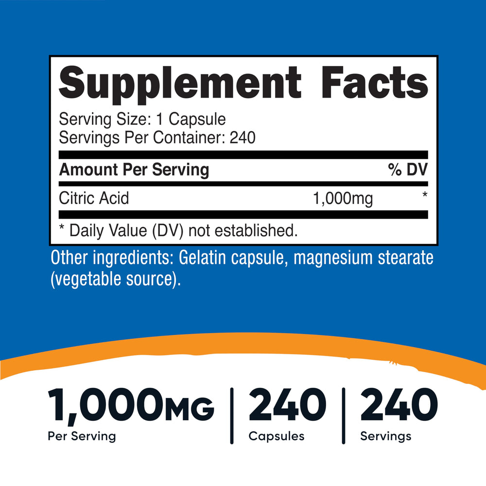 Nutricost citric acid capsules bottle on counter, ready for culinary use