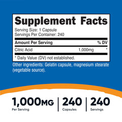 Nutricost citric acid capsules bottle on counter, ready for culinary use
