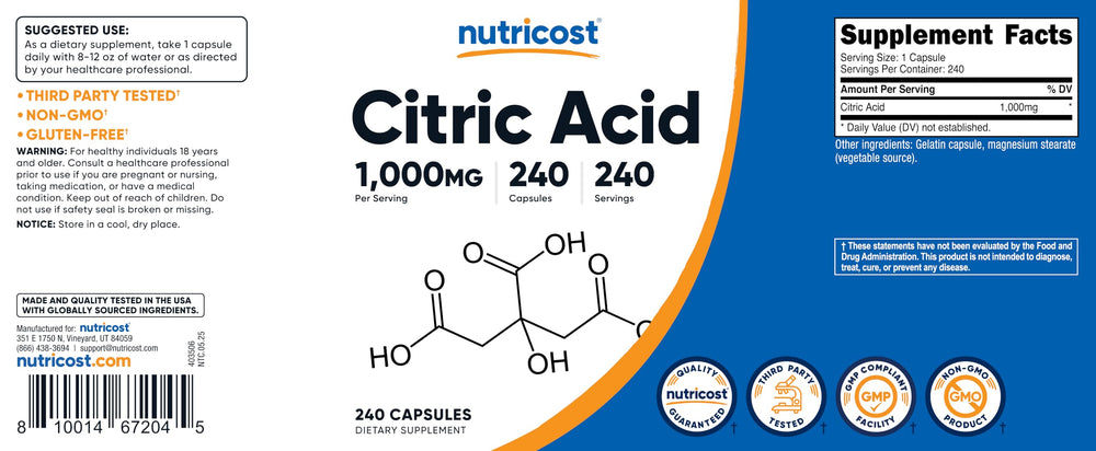 Nutricost citric acid capsules serving size label, 1 capsule per serving