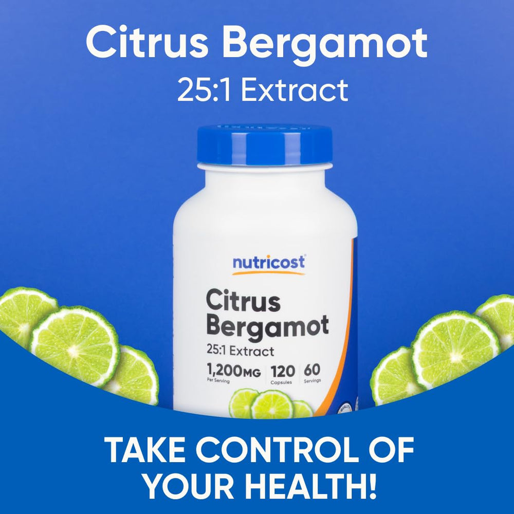 Nutricost Citrus Bergamot capsules ingredients glass bottle highlighting high-potency 1,200 mg dose