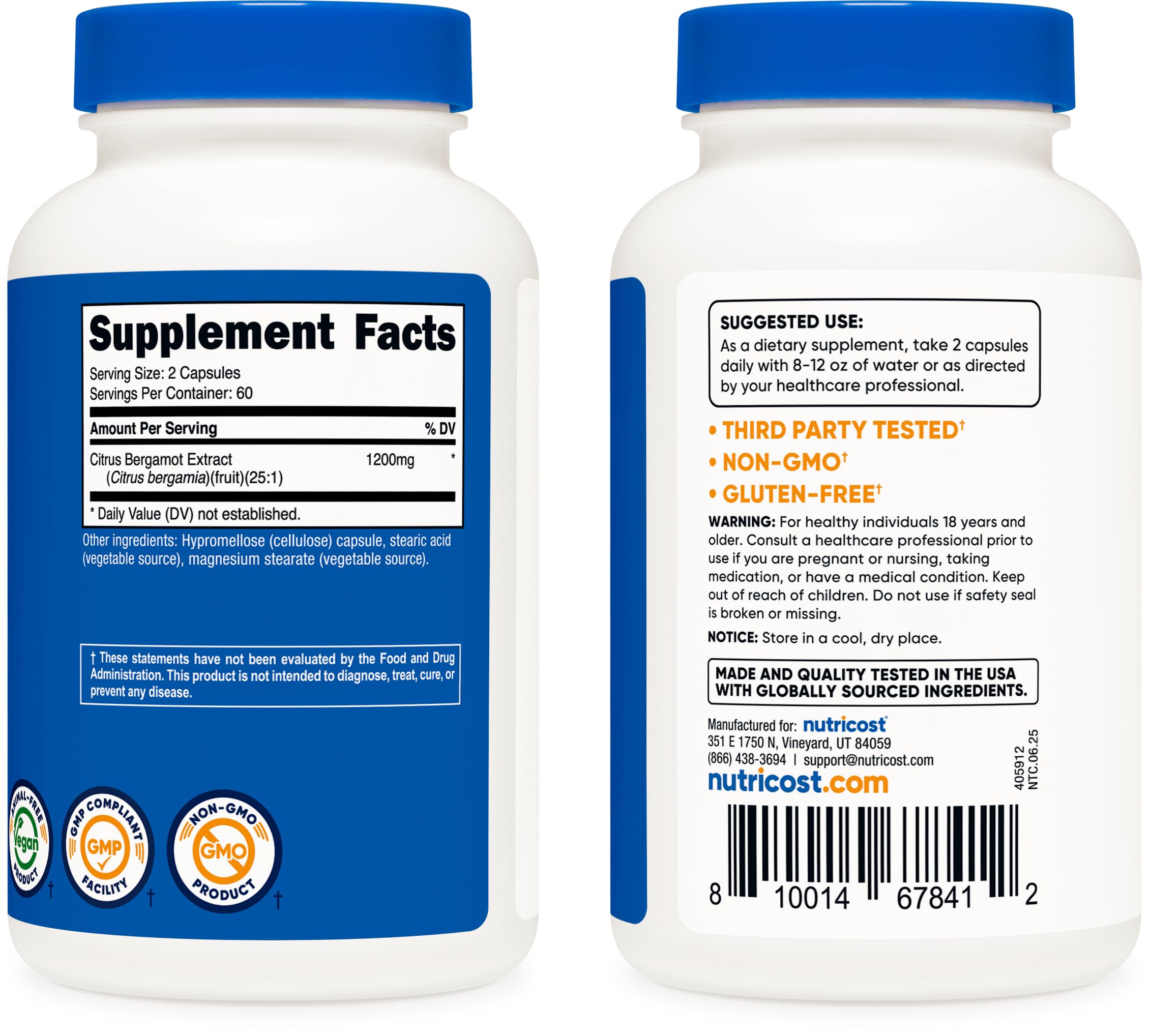 Nutricost Citrus Bergamot capsules serving size info display for 60 servings per bottle