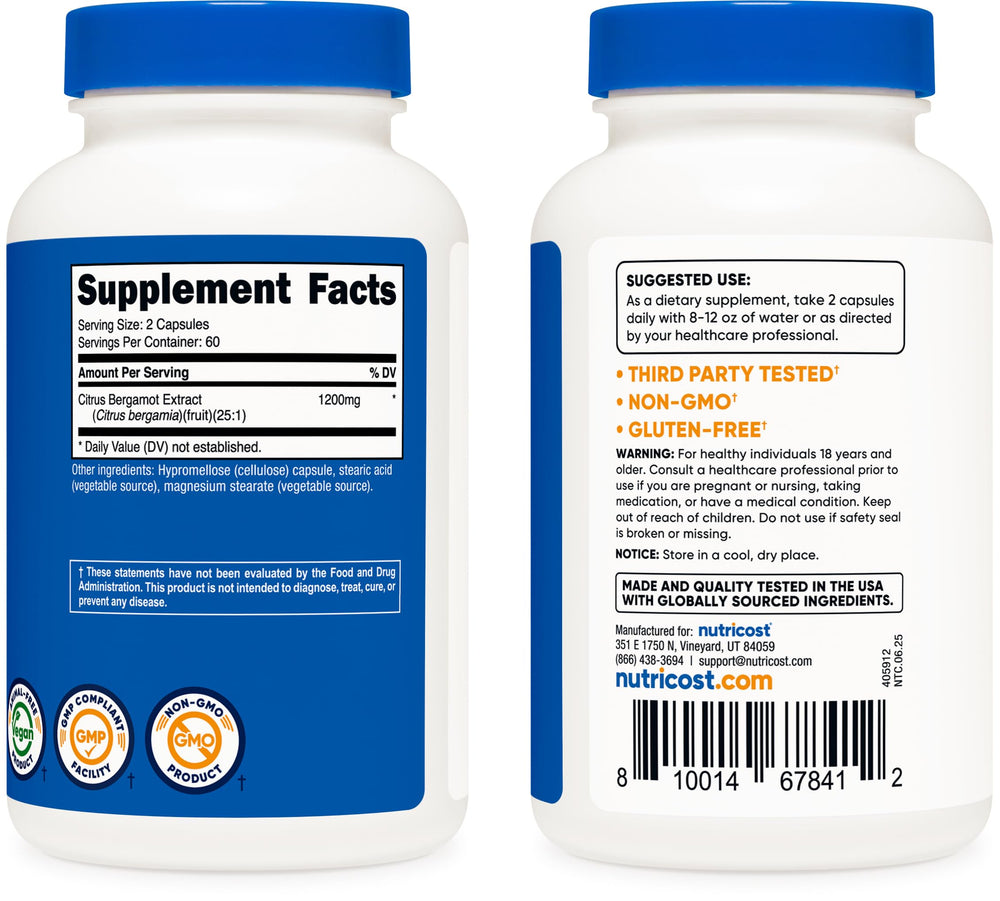 Nutricost Citrus Bergamot capsules serving size info display for 60 servings per bottle