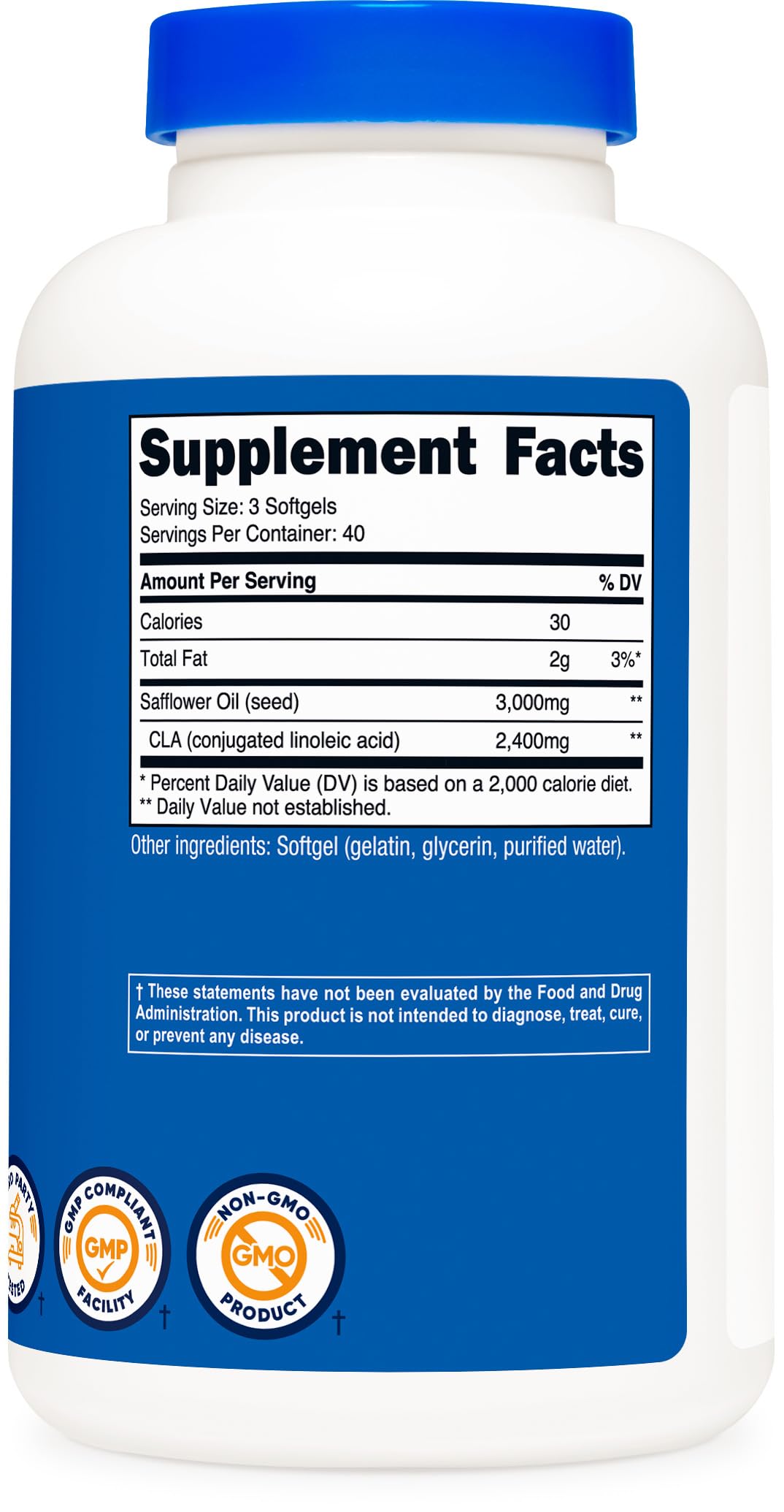 Nutricost CLA certifications sign highlights GMP and NSF quality standards.