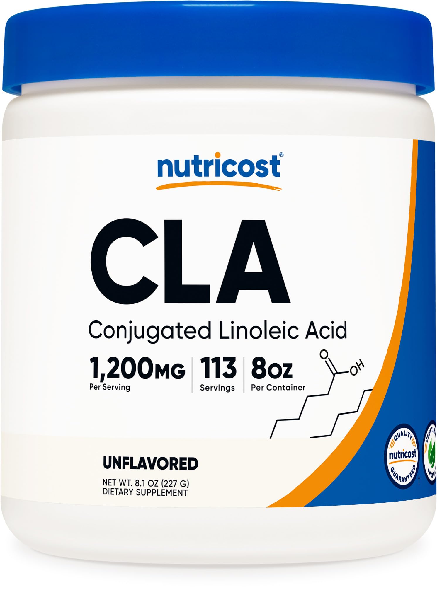 Nutricost CLA powder container with label for convenient daily use.