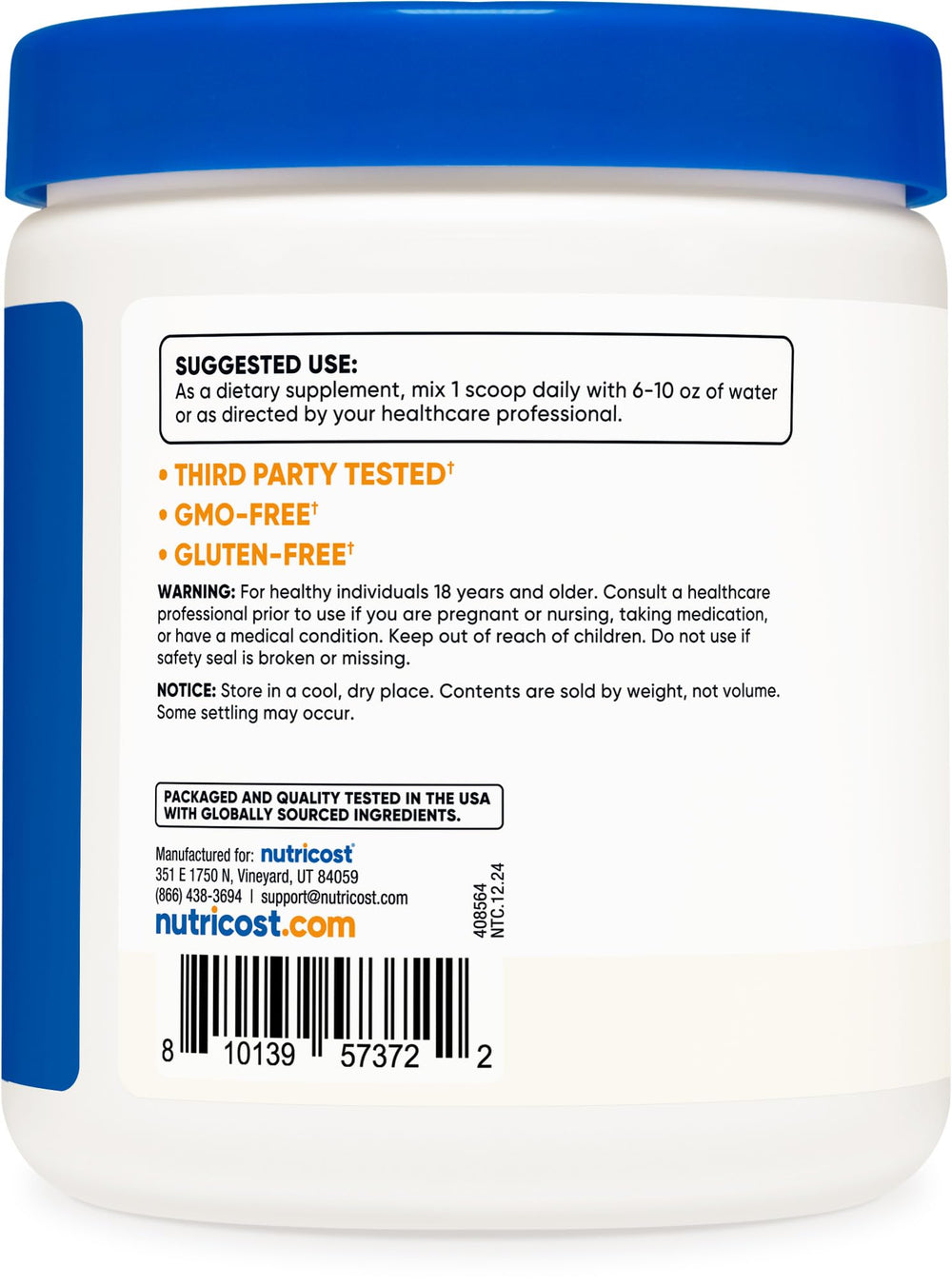 Nutricost CLA powder label highlighting gluten-free and GMO-free attributes.