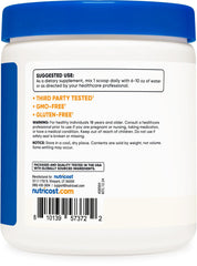 Nutricost CLA powder label highlighting gluten-free and GMO-free attributes.